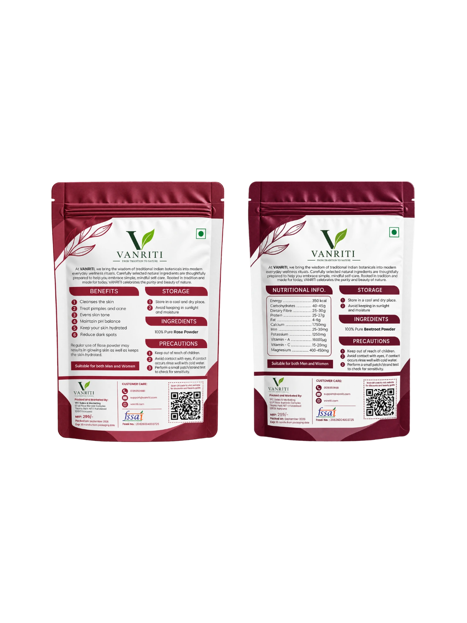 VANRITI Rose and Beetroot Powder for Face Pack & Skin Care, 200g (Combo Pack of 2)