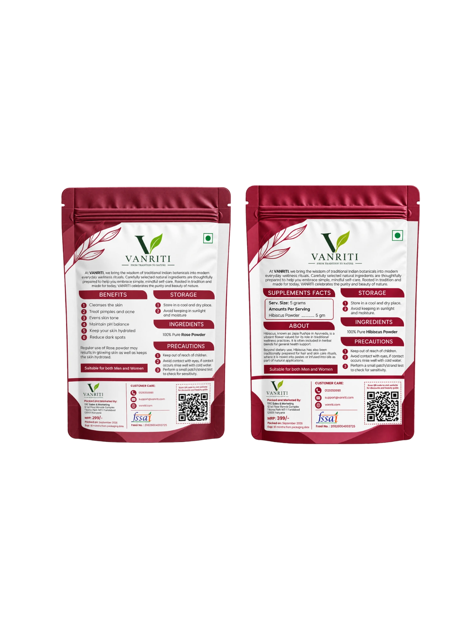 VANRITI Rose and Hibiscus Powder for Face Pack & Skin Care, 200g (Combo Pack of 2)
