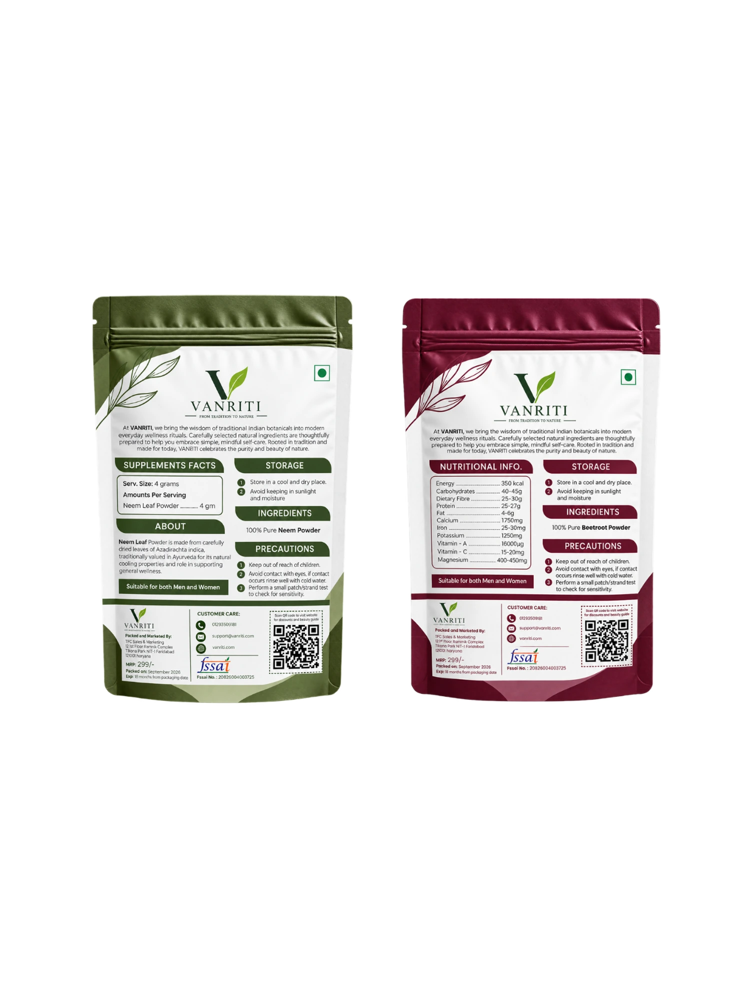 VANRITI Neem and Beetroot Powder for Face Pack & Skin Care, 200g (Combo Pack of 2)