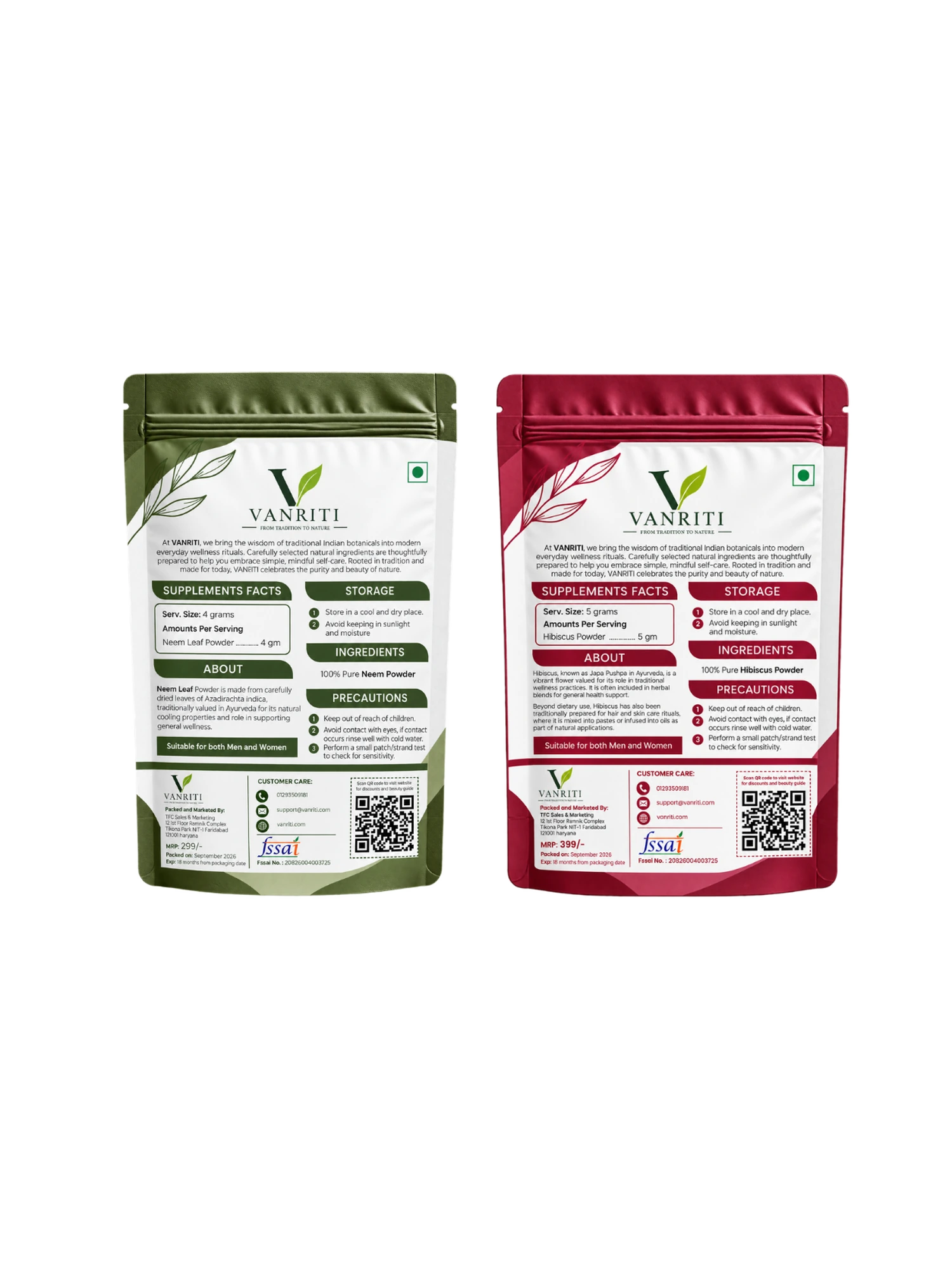 VANRITI Neem and Hibiscus Powder for Face Pack & Skin Care, 200g (Combo Pack of 2)