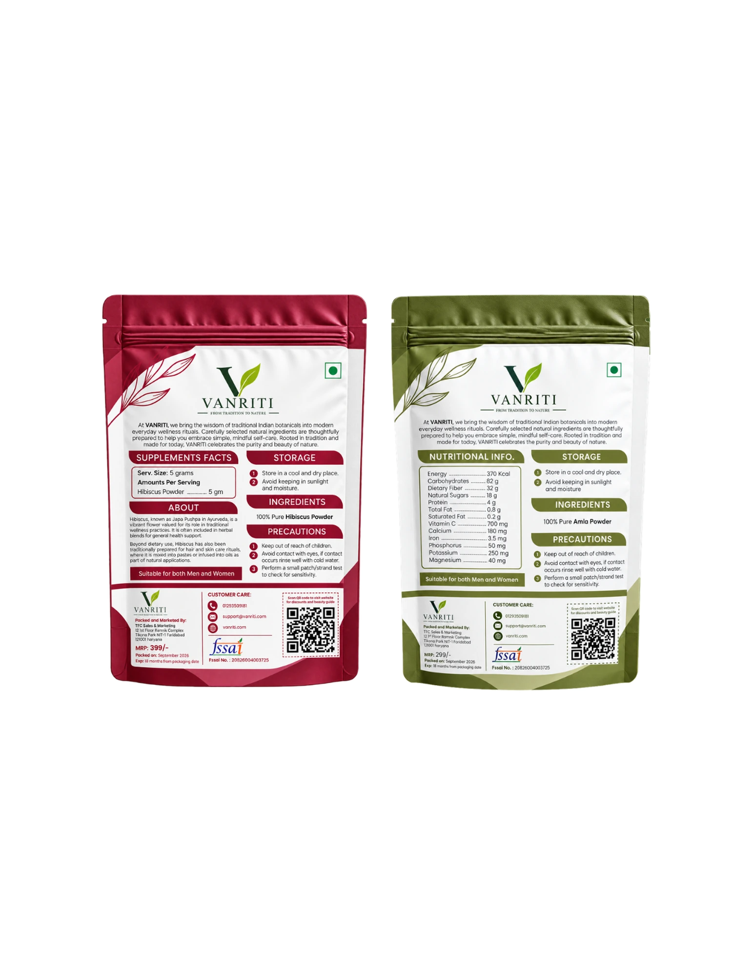 VANRITI Hibiscus and Amla Powder for Face Pack & Skin Care, 200g (Combo Pack of 2)
