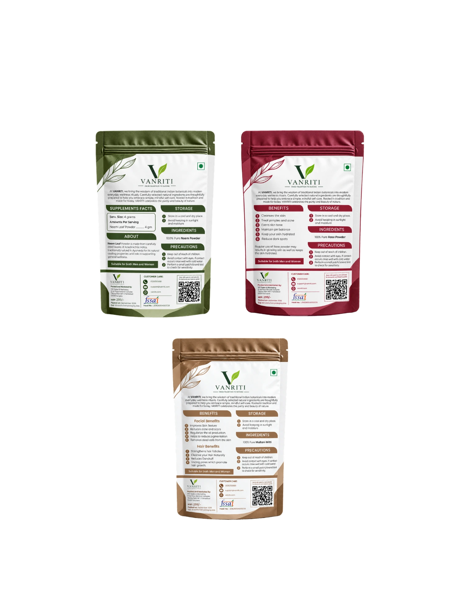 VANRITI Multani Mitti, Rose and Neem Powder for Face Pack & Skin Care, 300g (Combo Pack of 3)