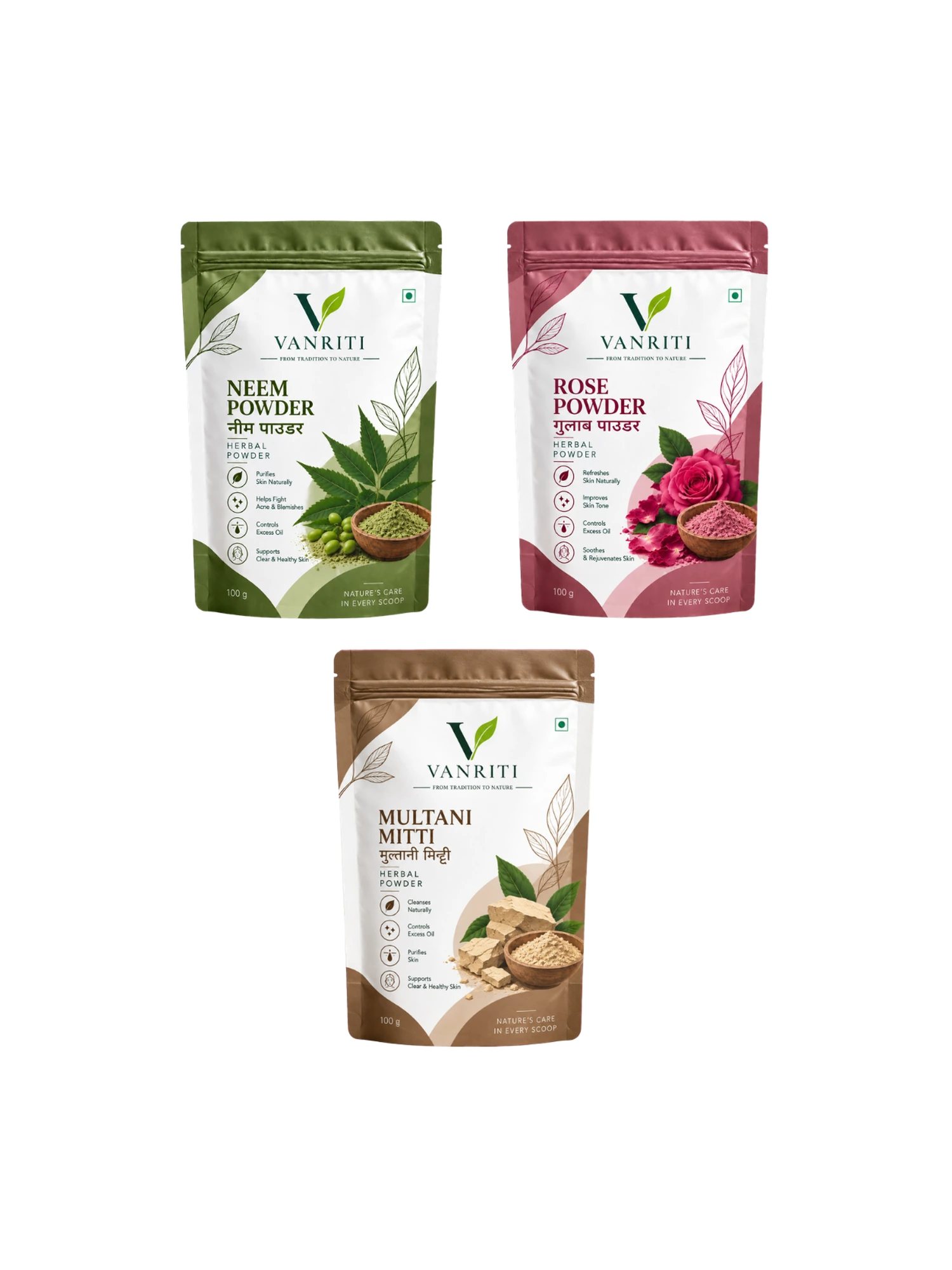 VANRITI Multani Mitti, Rose and Neem Powder for Face Pack & Skin Care, 300g (Combo Pack of 3)