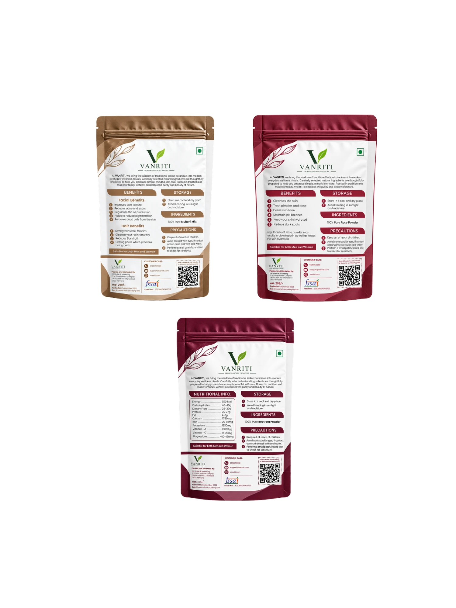VANRITI Multani Mitti, Rose and Beetroot Powder for Face Pack & Skin Care, 300g (Combo Pack of 3)