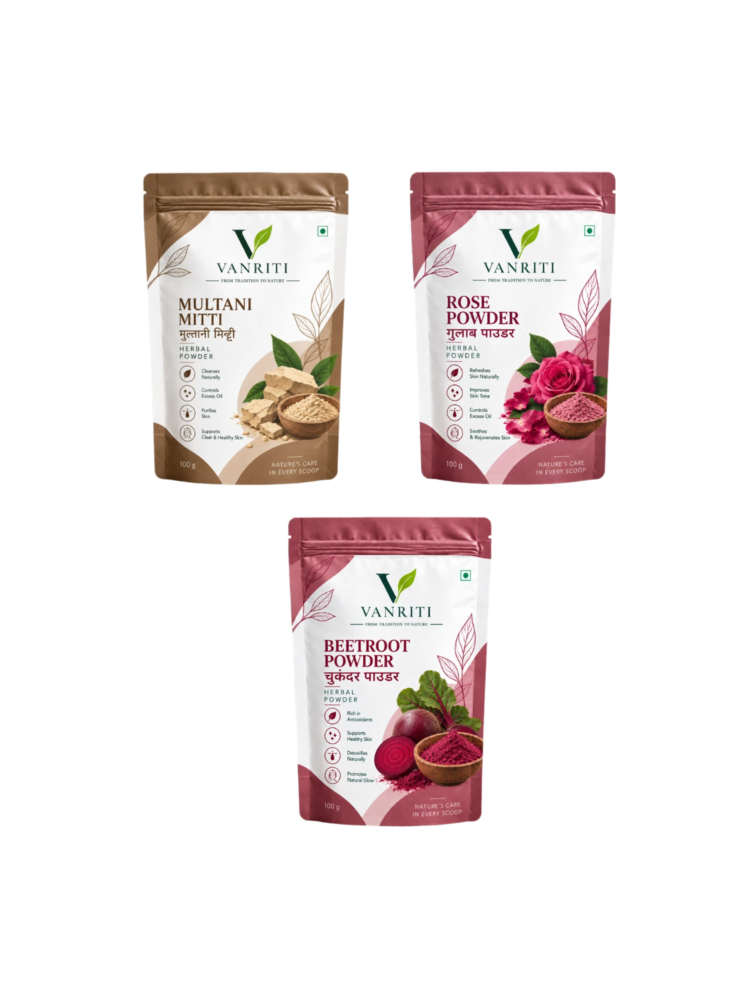 VANRITI Multani Mitti, Rose and Beetroot Powder for Face Pack & Skin Care, 300g (Combo Pack of 3)