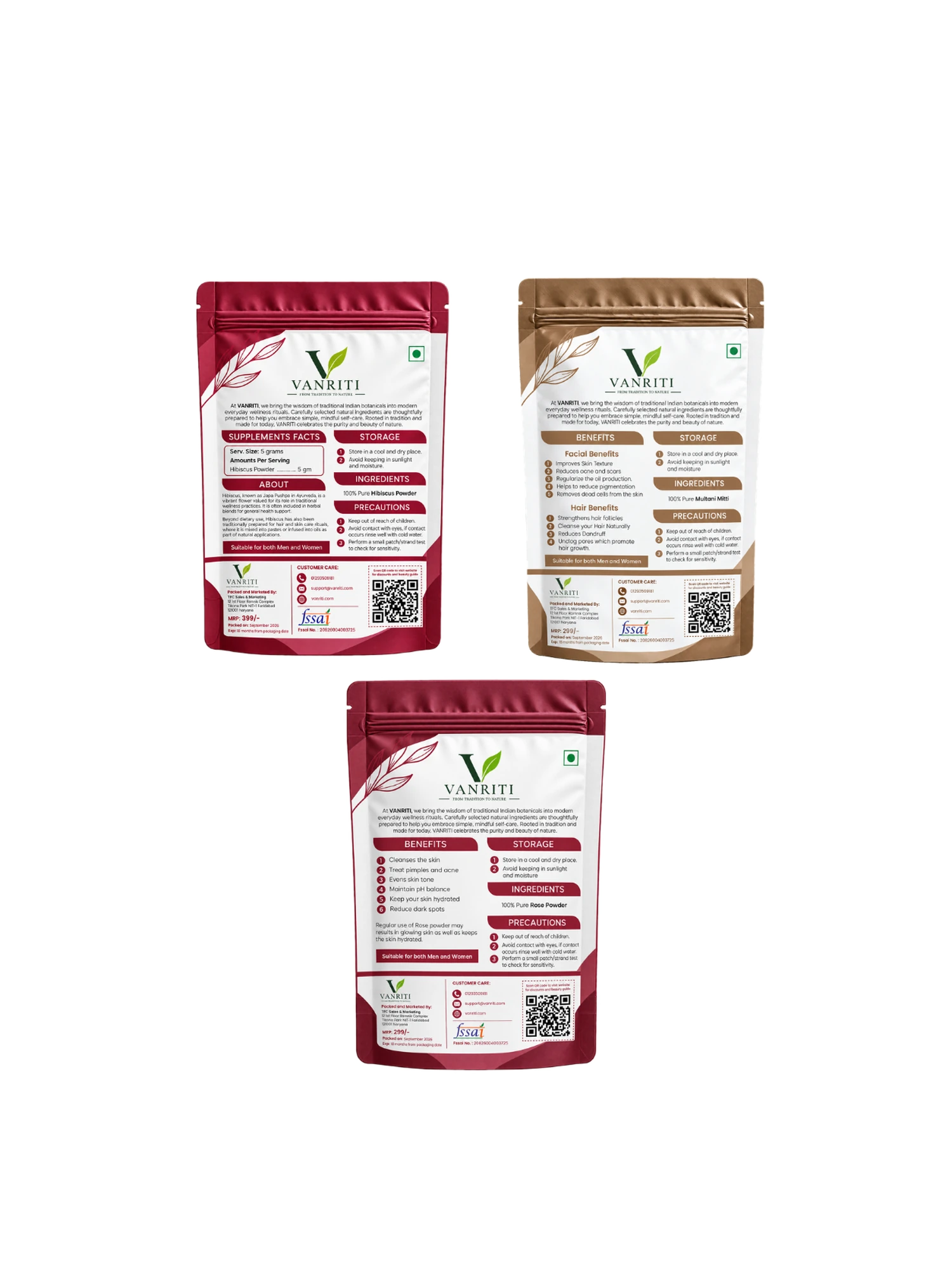 VANRITI Multani Mitti, Rose and Hibiscus Powder for Face Pack & Skin Care, 300g (Combo Pack of 3)