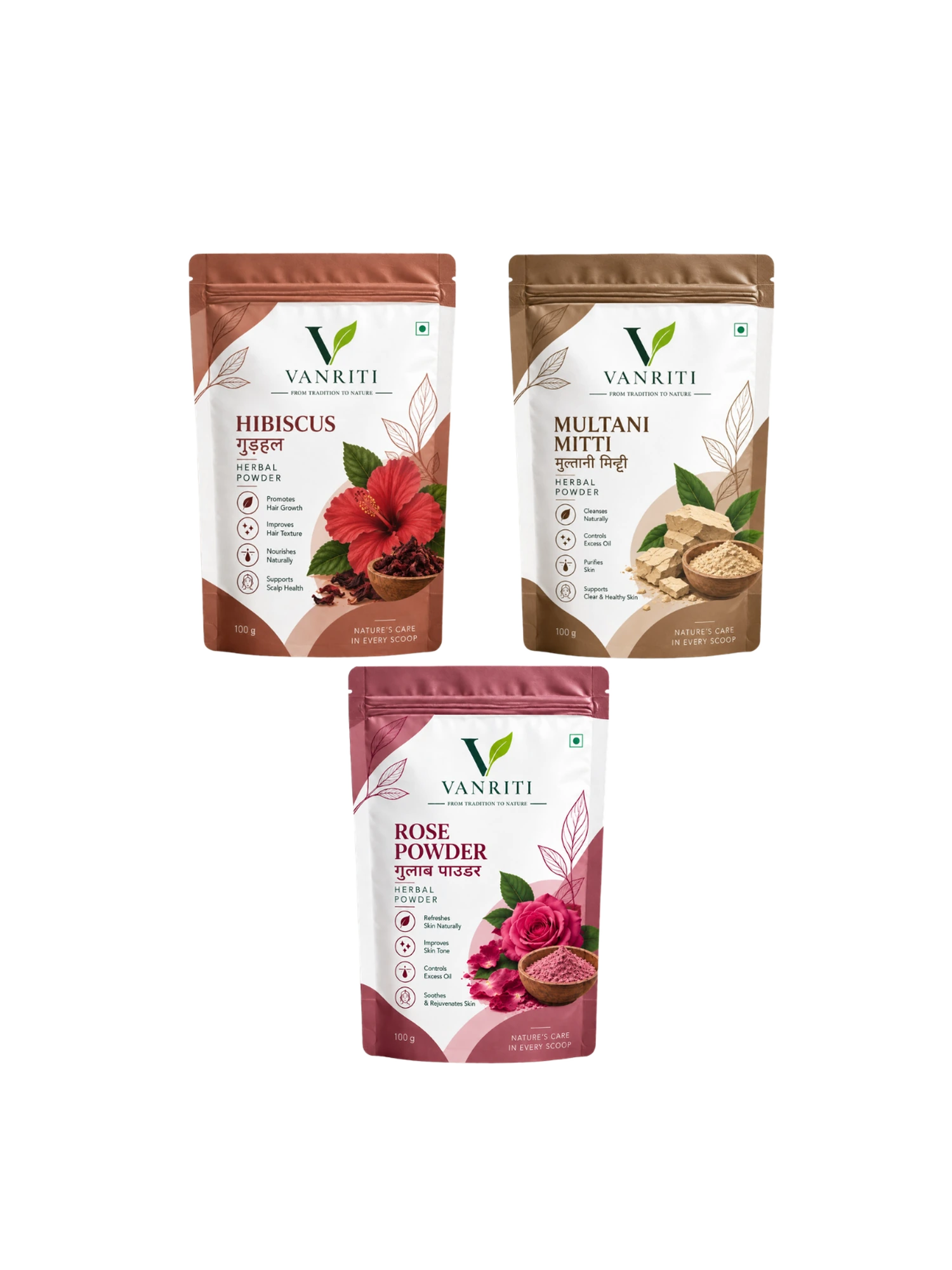 VANRITI Multani Mitti, Rose and Hibiscus Powder for Face Pack & Skin Care, 300g (Combo Pack of 3)