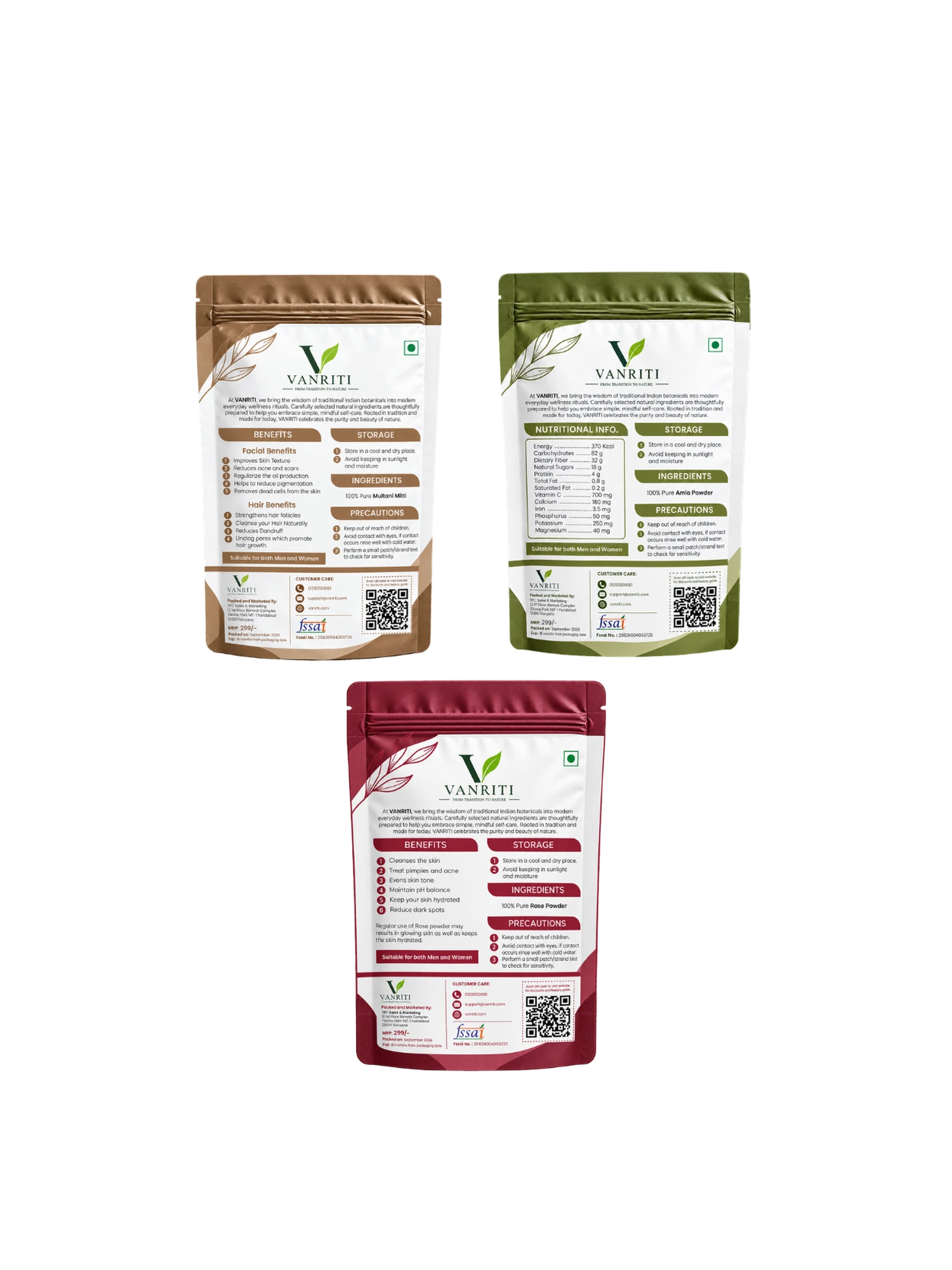 VANRITI Multani Mitti, Rose and Amla Powder for Face Pack & Skin Care, 300g (Combo Pack of 3)