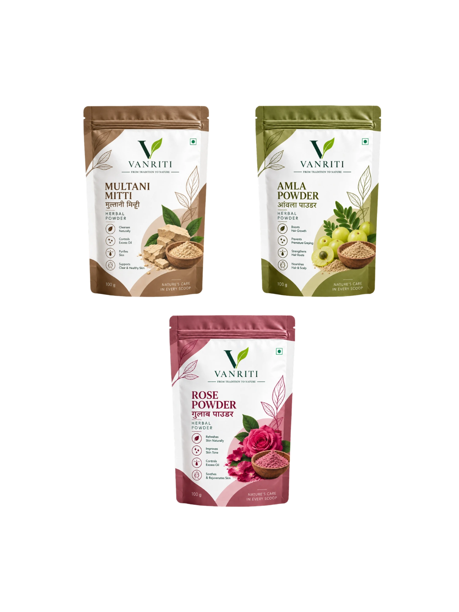 VANRITI Multani Mitti, Rose and Amla Powder for Face Pack & Skin Care, 300g (Combo Pack of 3)
