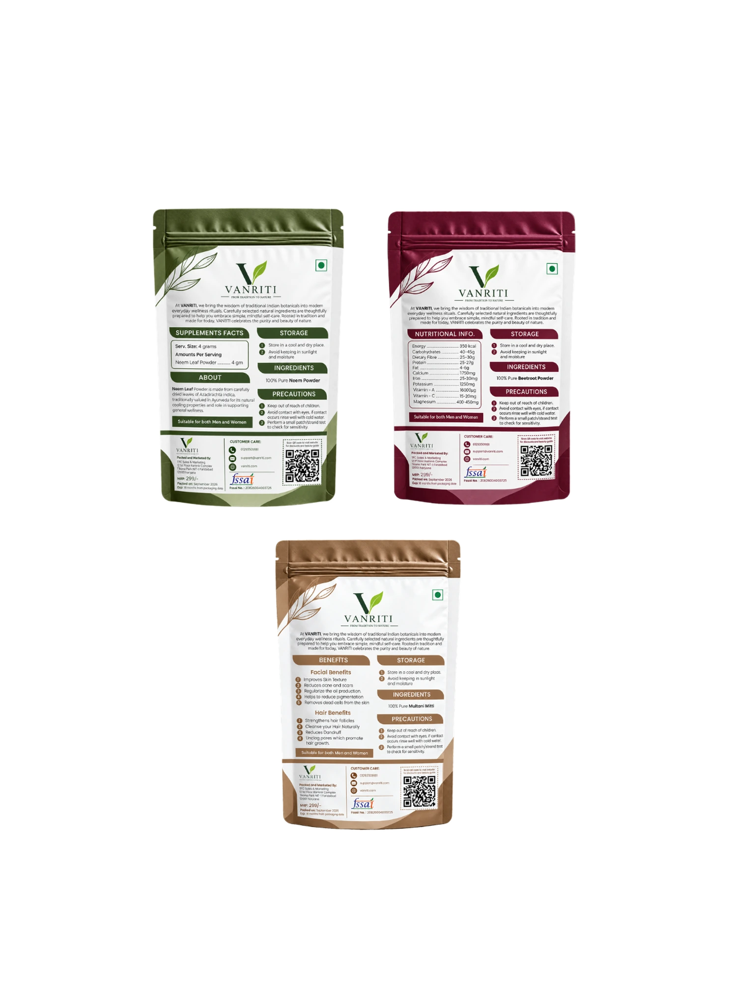 VANRITI Multani Mitti, Neem and Beetroot Powder for Face Pack & Skin Care, 300g (Combo Pack of 3)