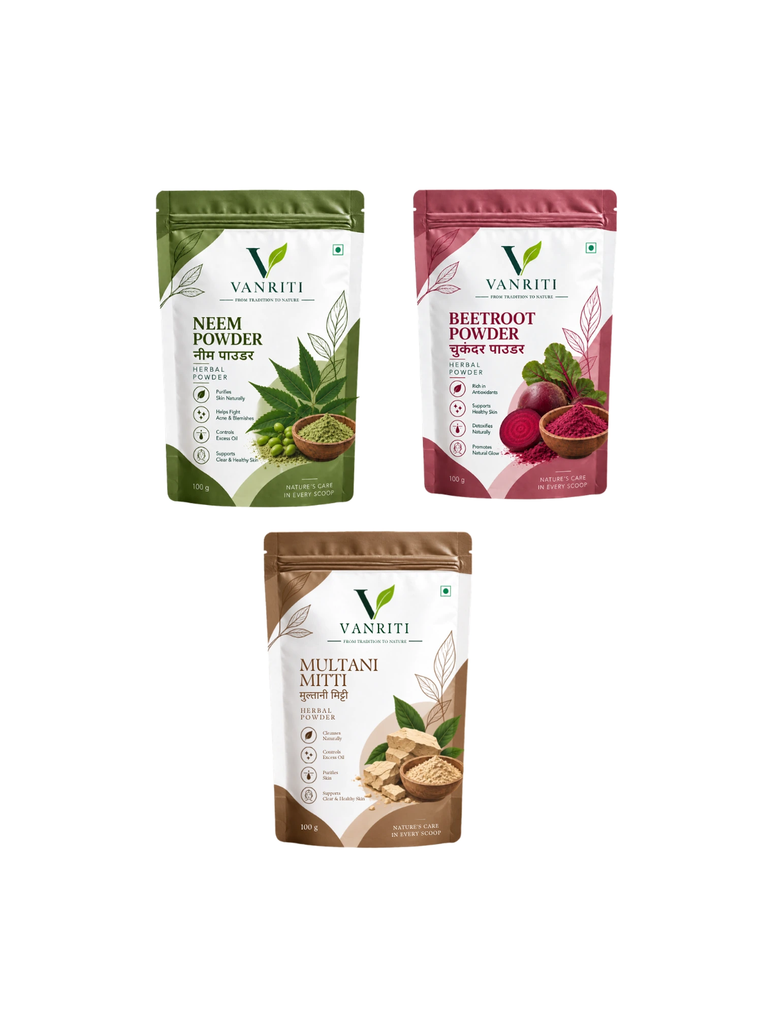 VANRITI Multani Mitti, Neem and Beetroot Powder for Face Pack & Skin Care, 300g (Combo Pack of 3)