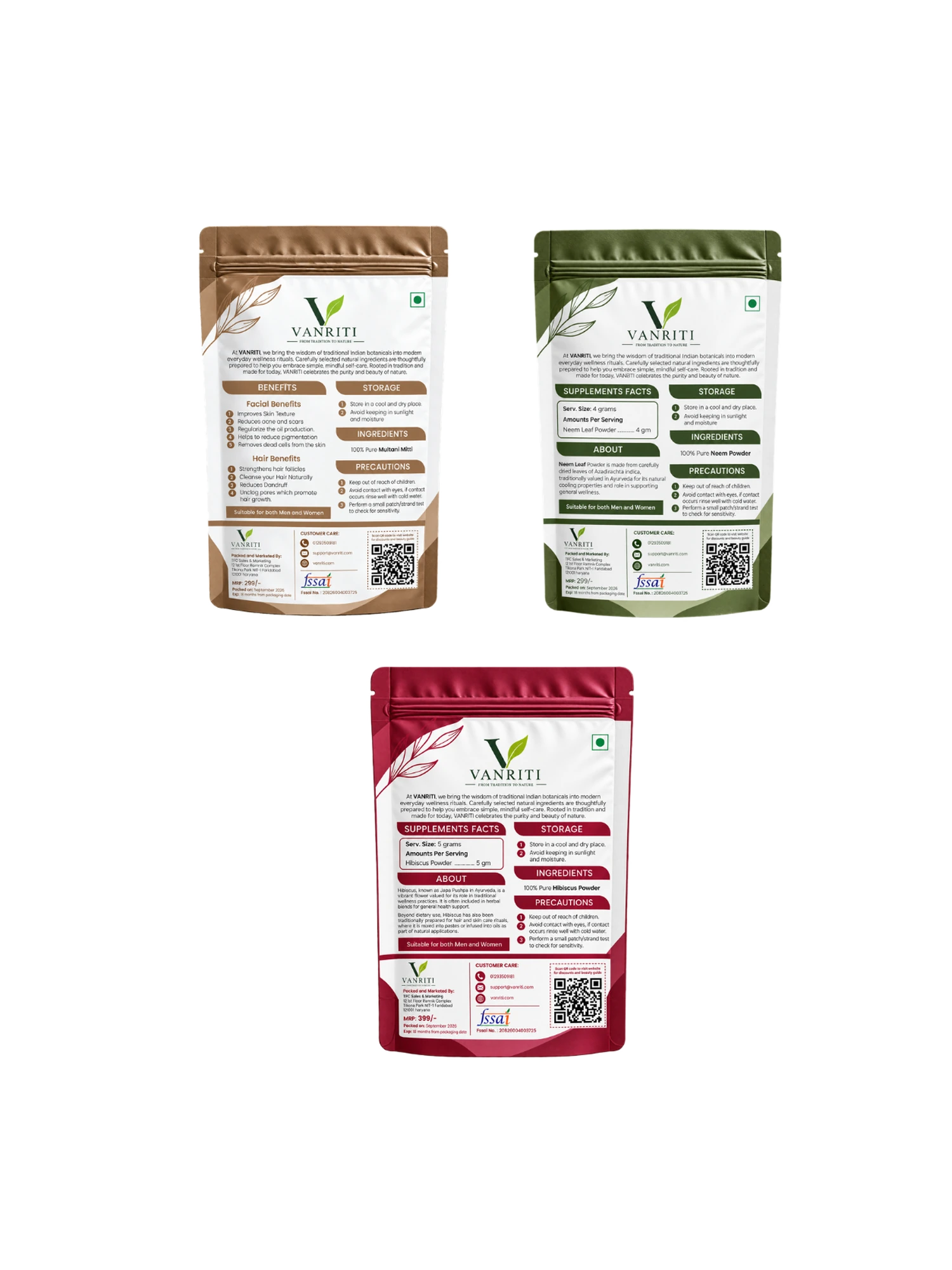 VANRITI Multani Mitti, Neem and Hibiscus Powder for Face Pack & Skin Care, 300g (Combo Pack of 3)
