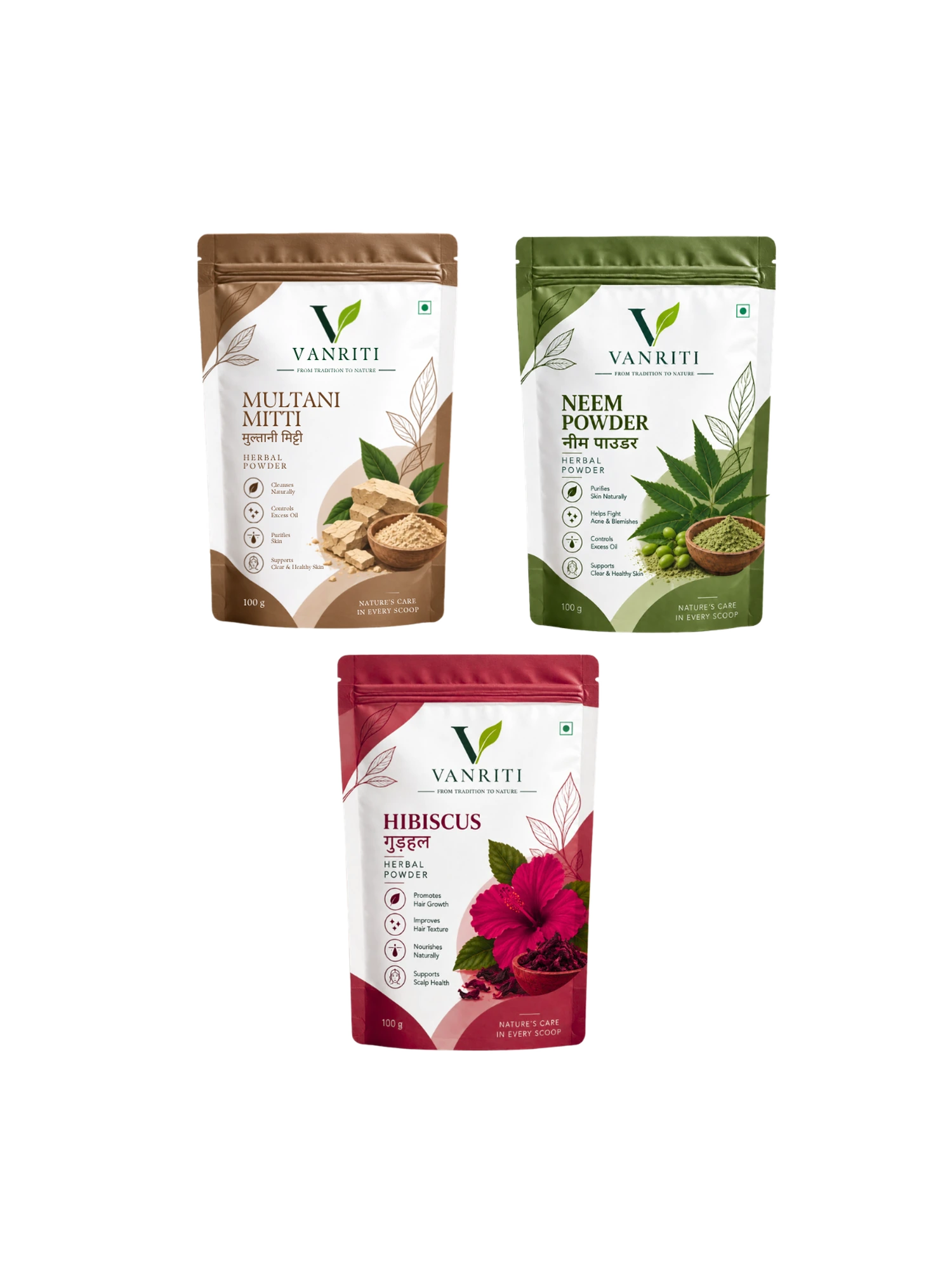 VANRITI Multani Mitti, Neem and Hibiscus Powder for Face Pack & Skin Care, 300g (Combo Pack of 3)