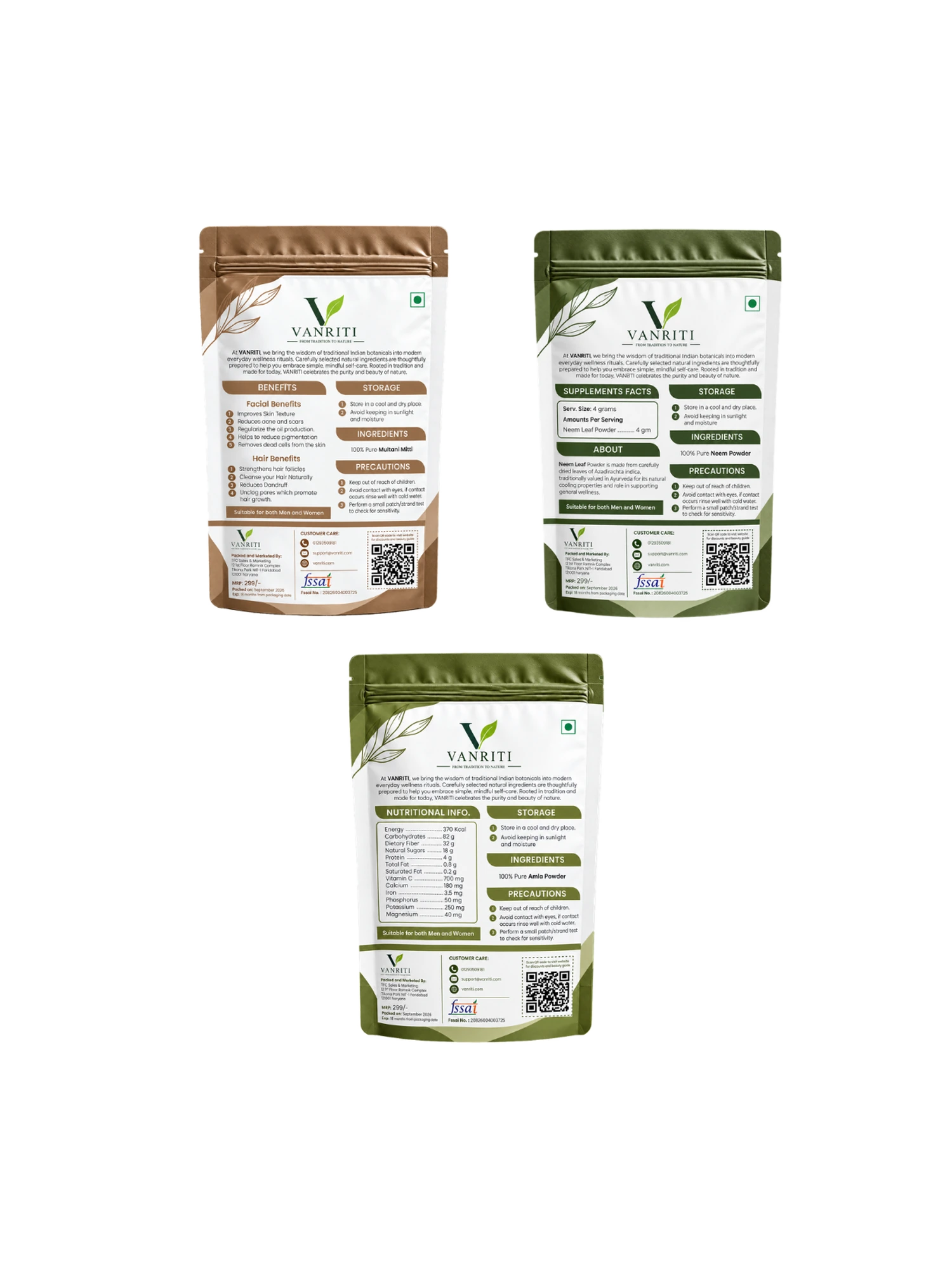 VANRITI Multani Mitti, Neem and Amla Powder for Face Pack & Skin Care, 300g (Combo Pack of 3)