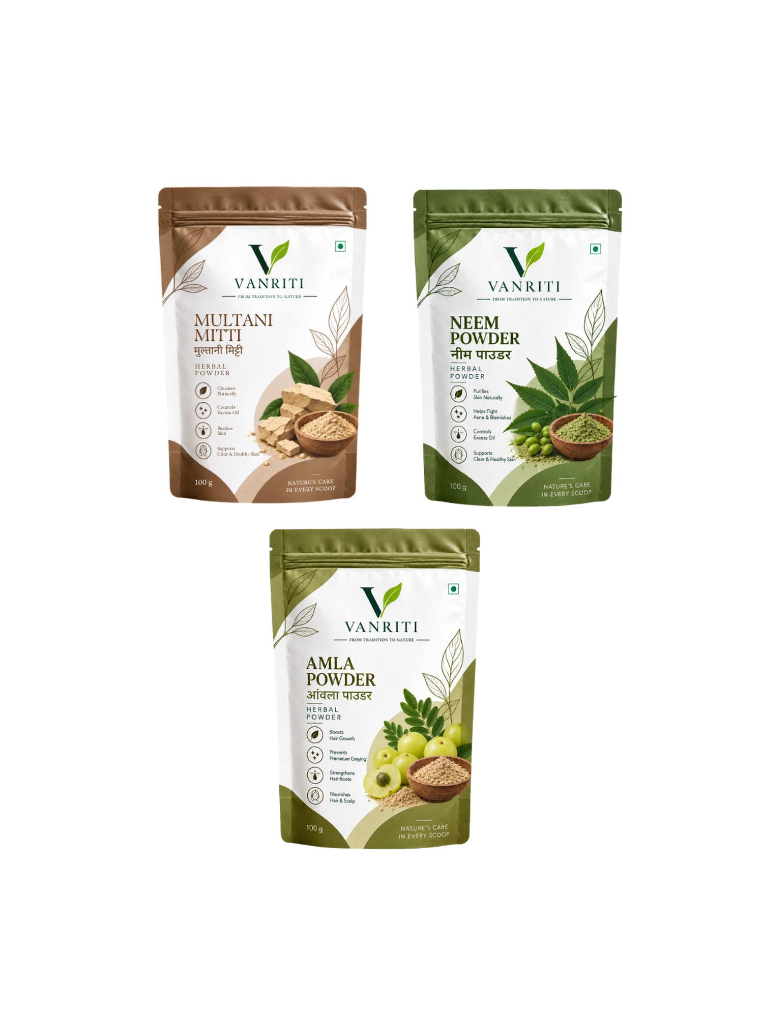 VANRITI Multani Mitti, Neem and Amla Powder for Face Pack & Skin Care, 300g (Combo Pack of 3)