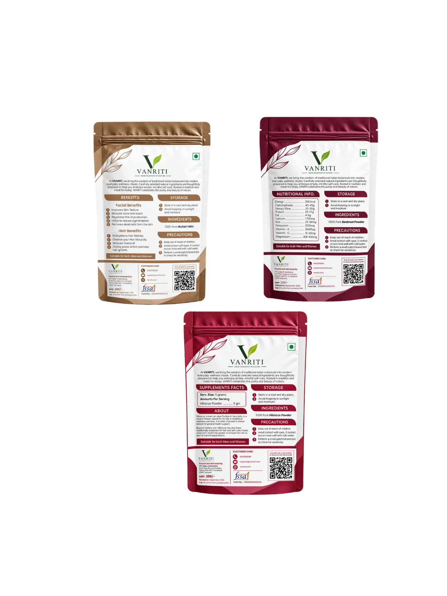 VANRITI Multani Mitti, Beetroot and Hibiscus Powder for Face Pack & Skin Care, 300g (Combo Pack of 3)