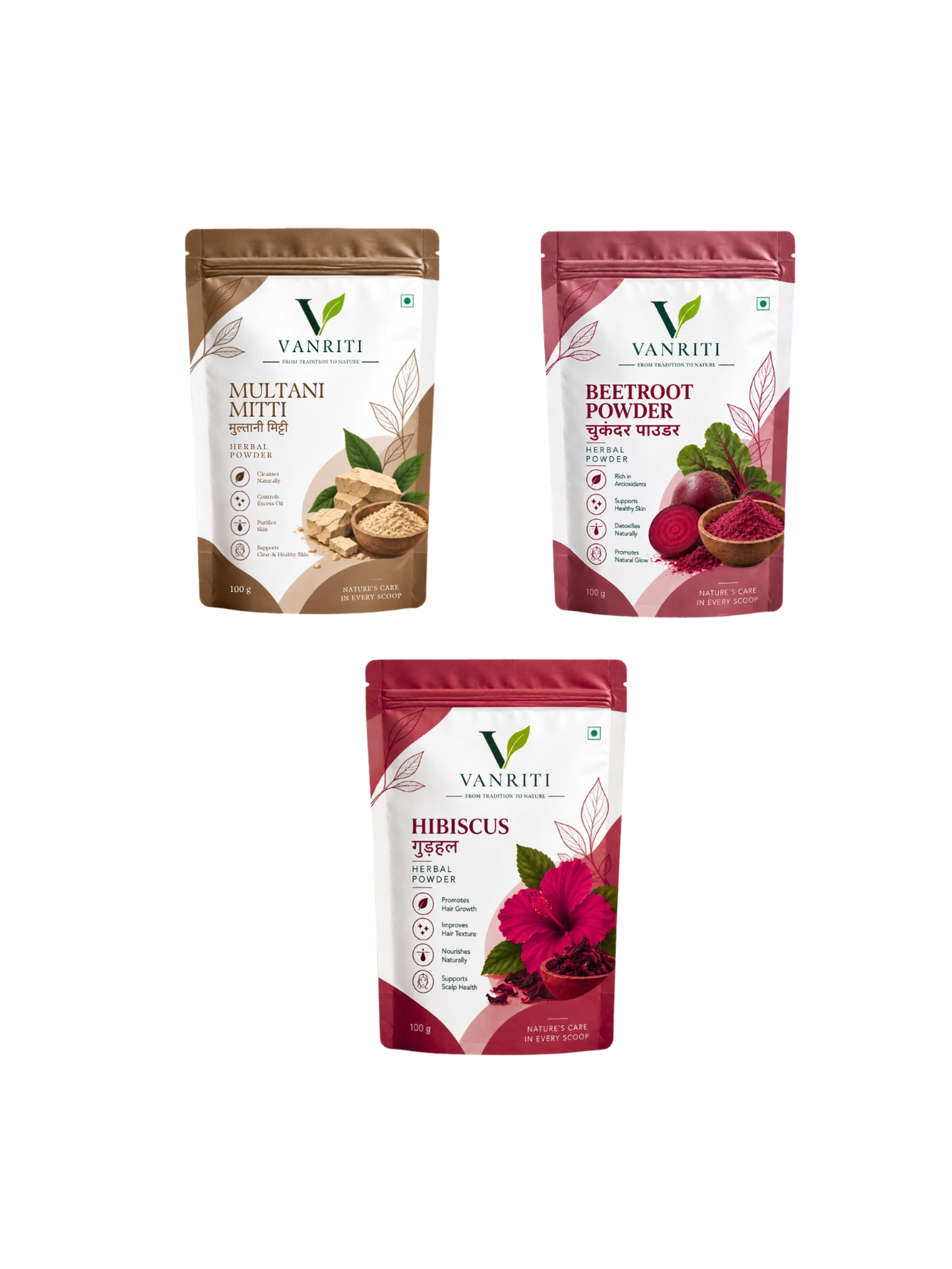 VANRITI Multani Mitti, Beetroot and Hibiscus Powder for Face Pack & Skin Care, 300g (Combo Pack of 3)