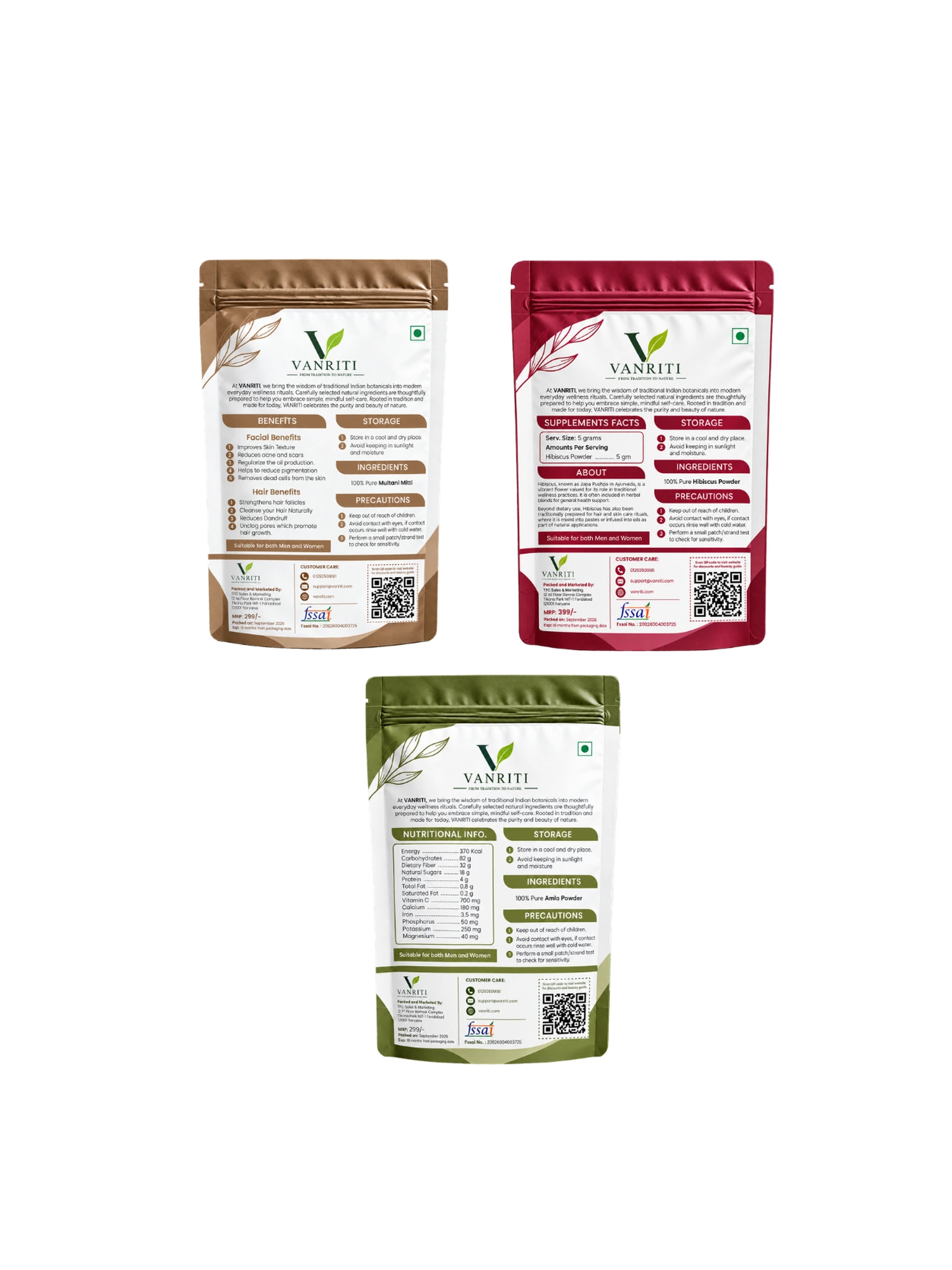 VANRITI Multani Mitti, Hibiscus and Amla Powder for Face Pack & Skin Care, 300g (Combo Pack of 3)
