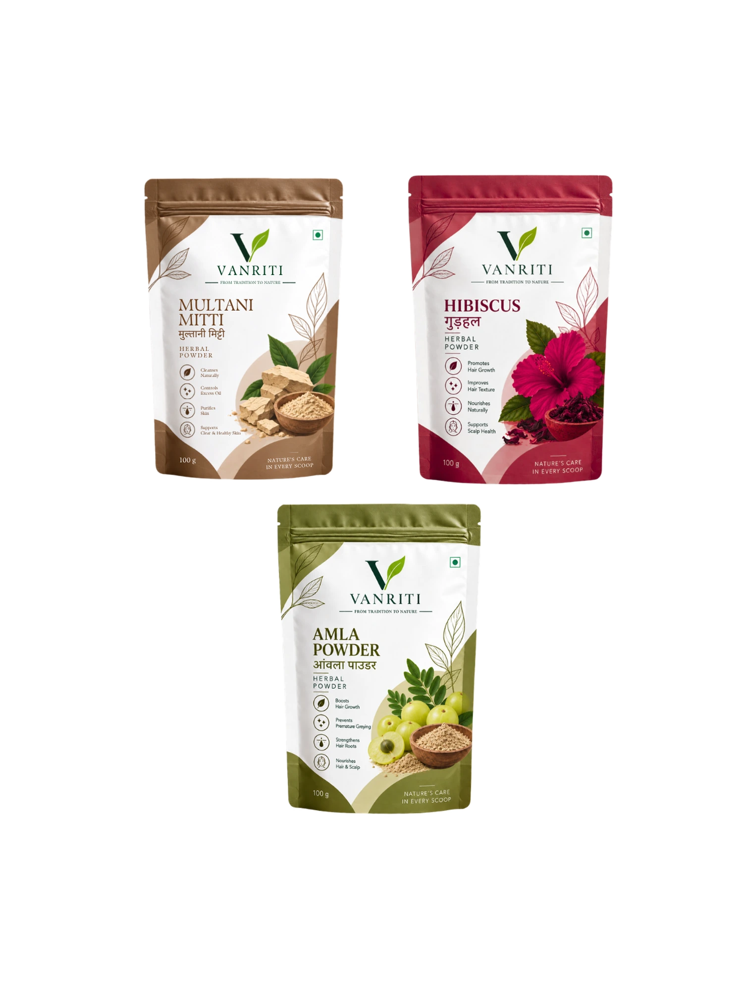 VANRITI Multani Mitti, Hibiscus and Amla Powder for Face Pack & Skin Care, 300g (Combo Pack of 3)