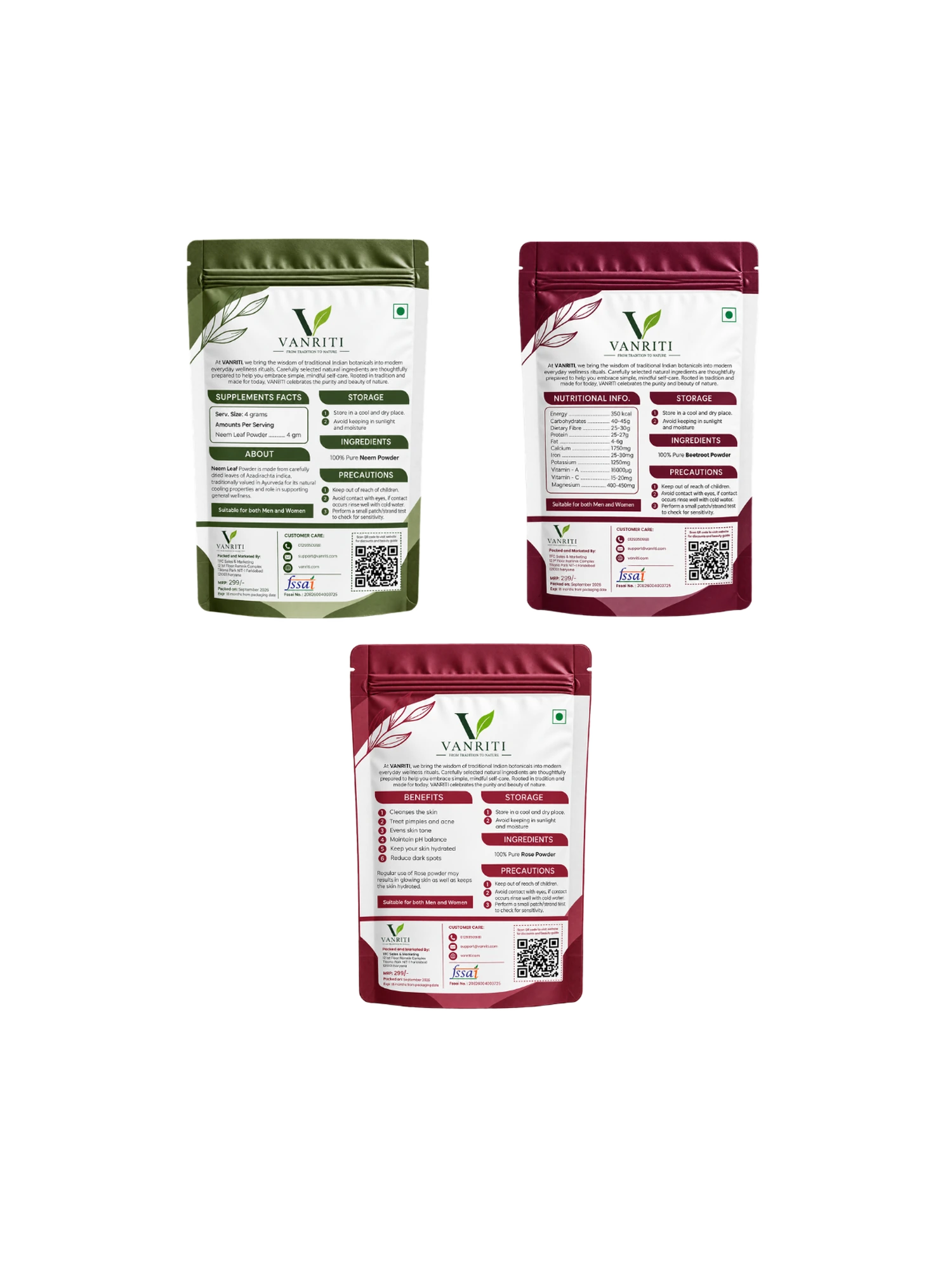 VANRITI Rose, Neem and Beetroot Powder for Face Pack & Skin Care, 300g (Combo Pack of 3)