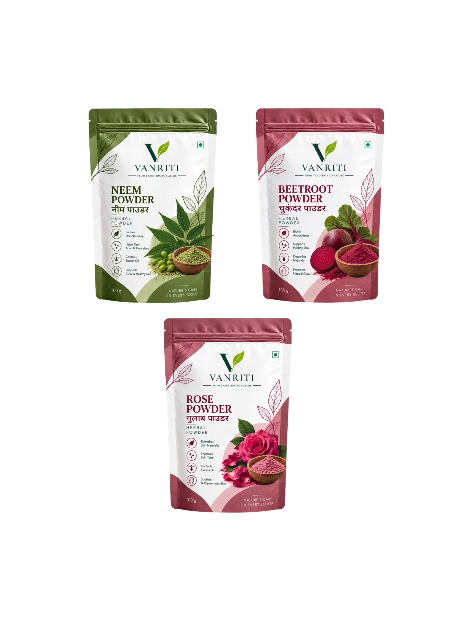VANRITI Rose, Neem and Beetroot Powder for Face Pack & Skin Care, 300g (Combo Pack of 3)