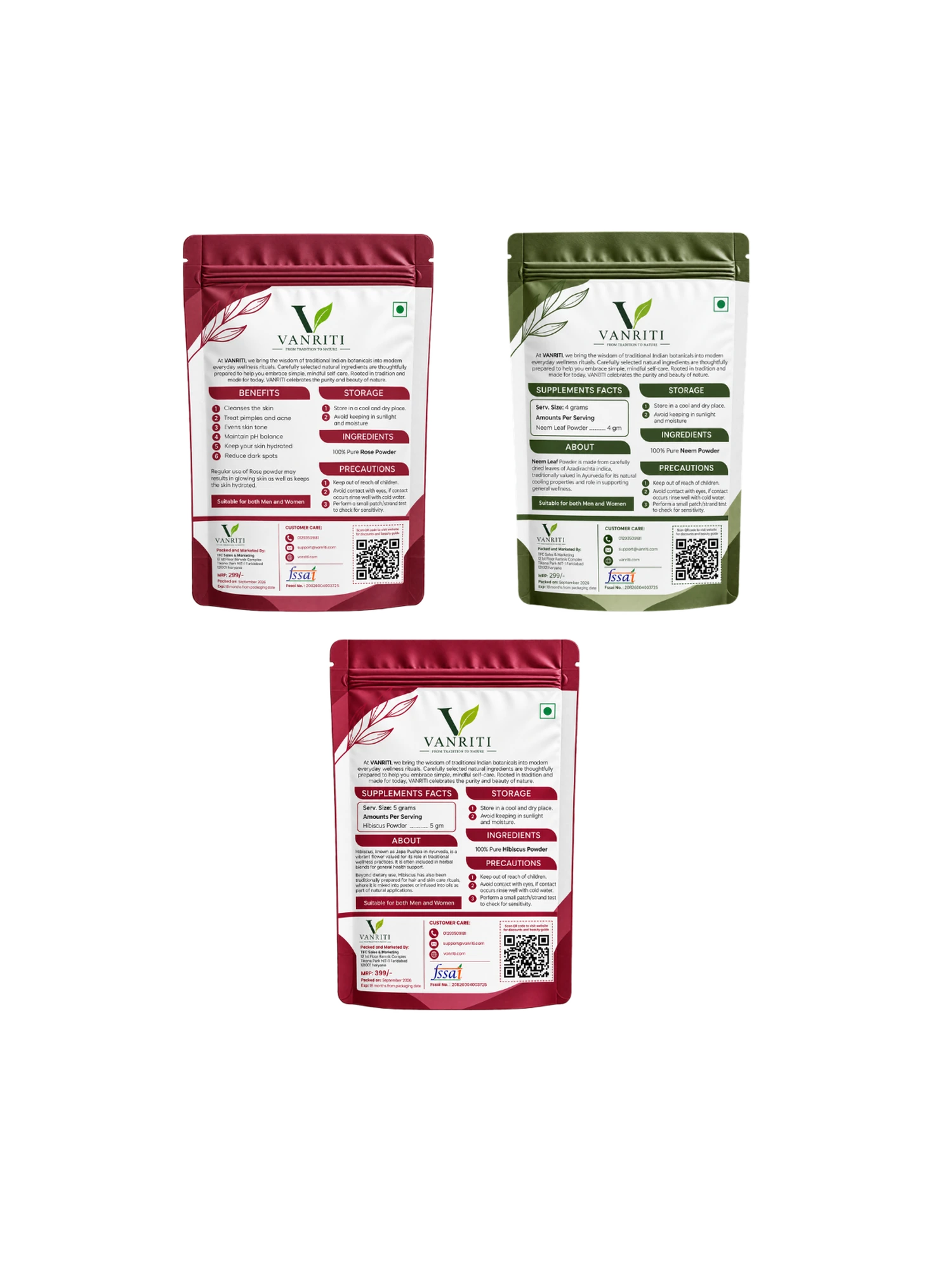 VANRITI Rose, Neem and Hibiscus Powder for Face Pack & Skin Care, 300g (Combo Pack of 3)