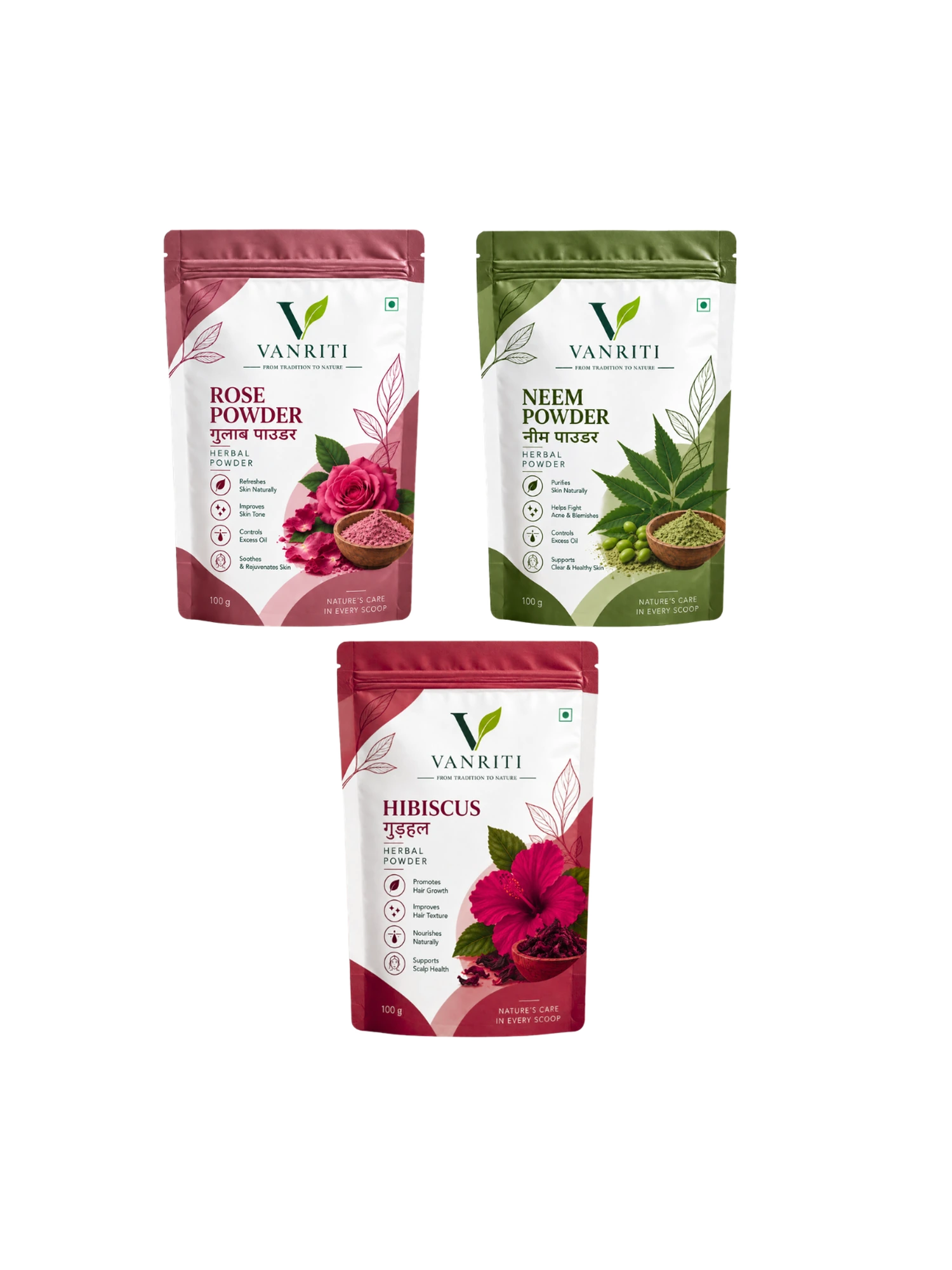 VANRITI Rose, Neem and Hibiscus Powder for Face Pack & Skin Care, 300g (Combo Pack of 3)