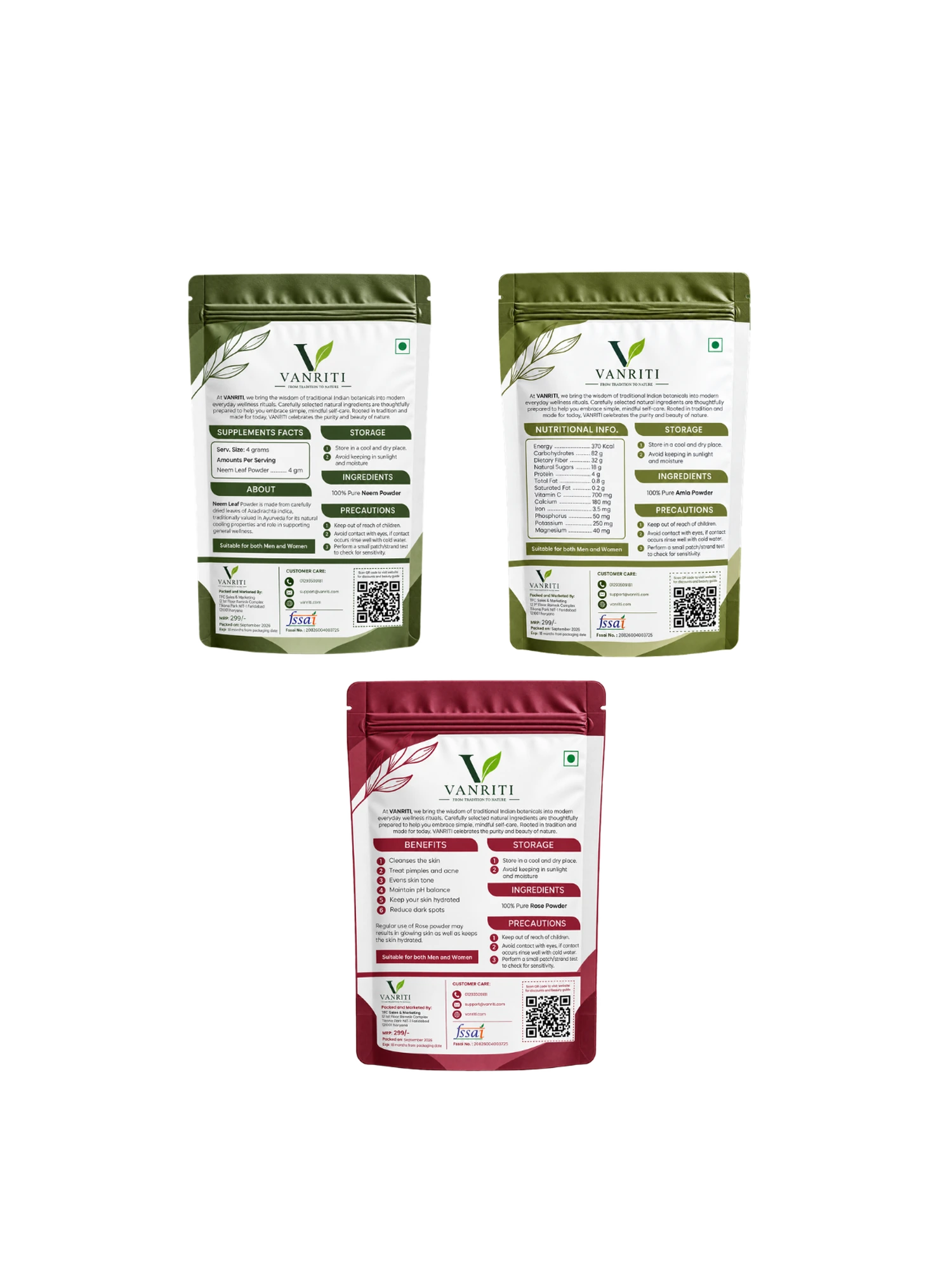 VANRITI Rose, Neem and Amla Powder for Face Pack & Skin Care, 300g (Combo Pack of 3)