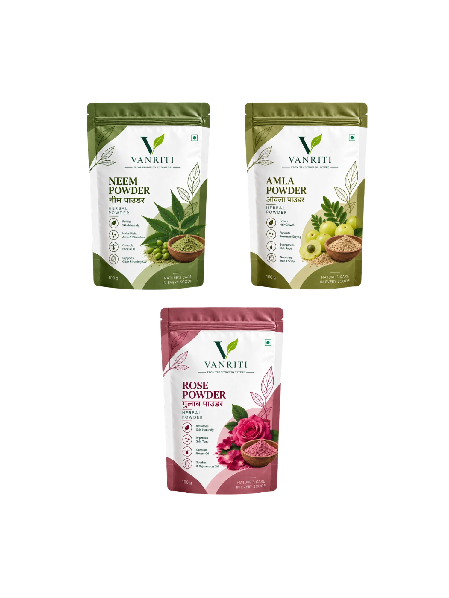 VANRITI Rose, Neem and Amla Powder for Face Pack & Skin Care, 300g (Combo Pack of 3)