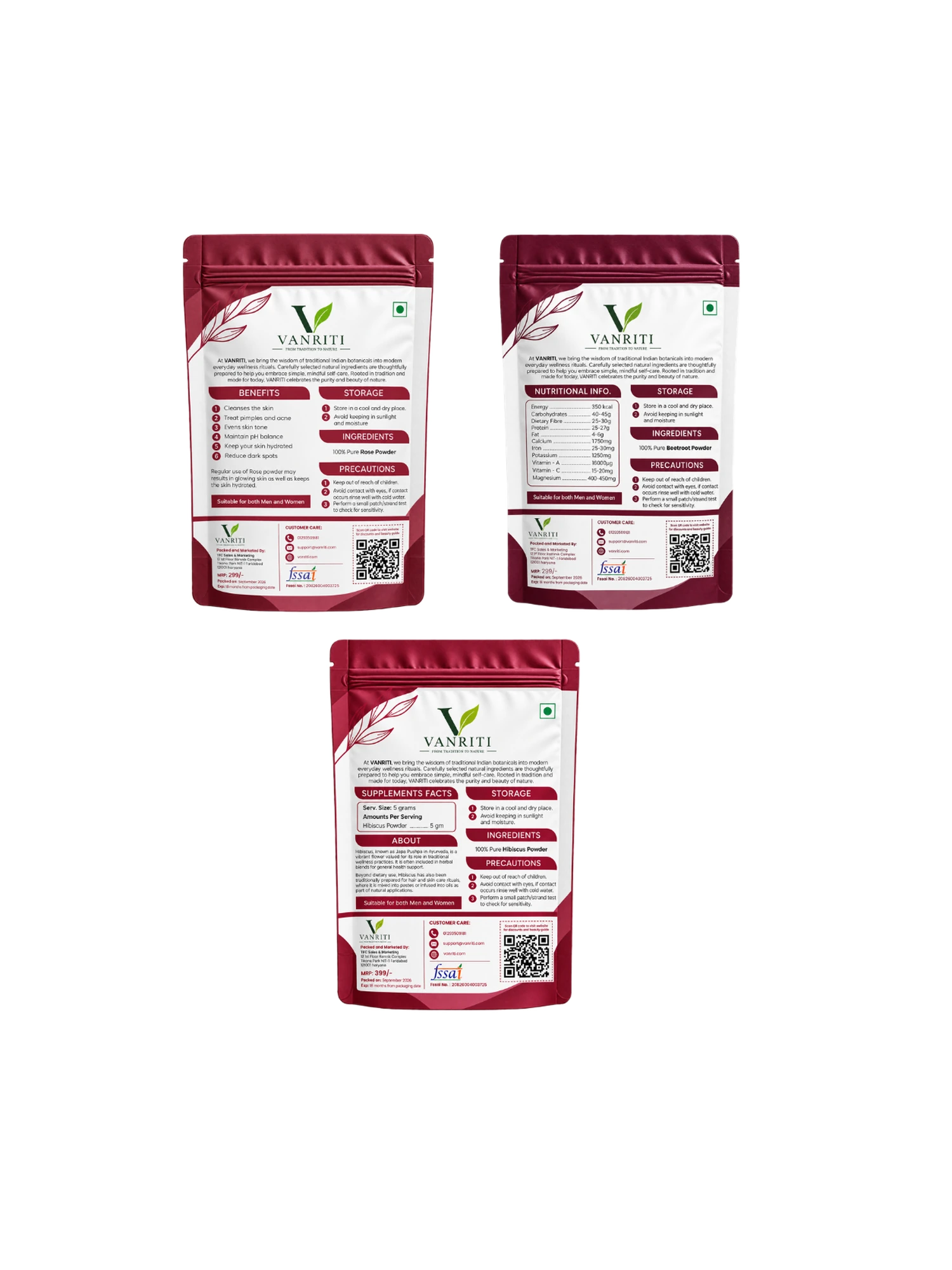 VANRITI Rose, Beetroot and Hibiscus Powder for Face Pack & Skin Care, 300g (Combo Pack of 3)
