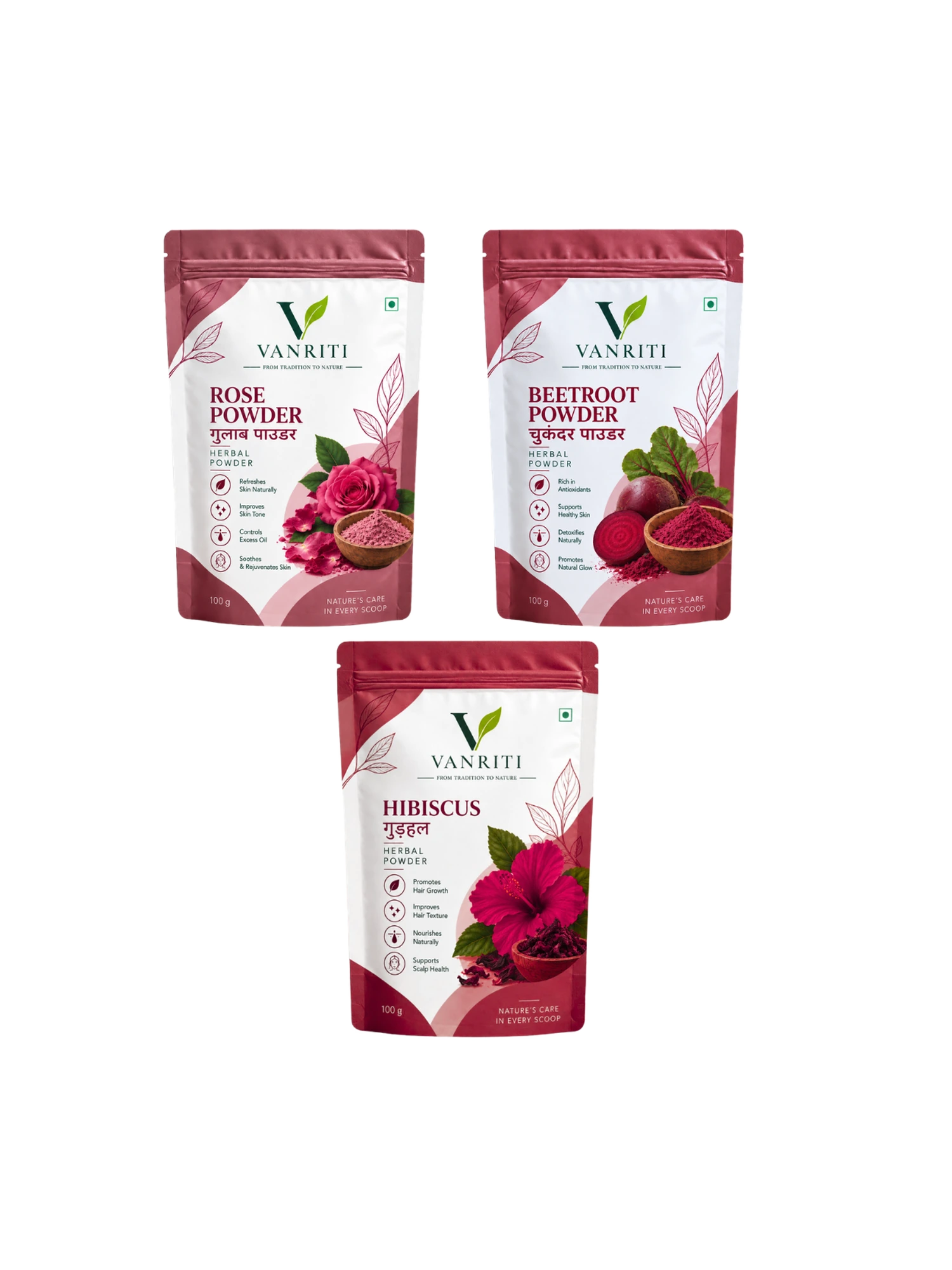 VANRITI Rose, Beetroot and Hibiscus Powder for Face Pack & Skin Care, 300g (Combo Pack of 3)
