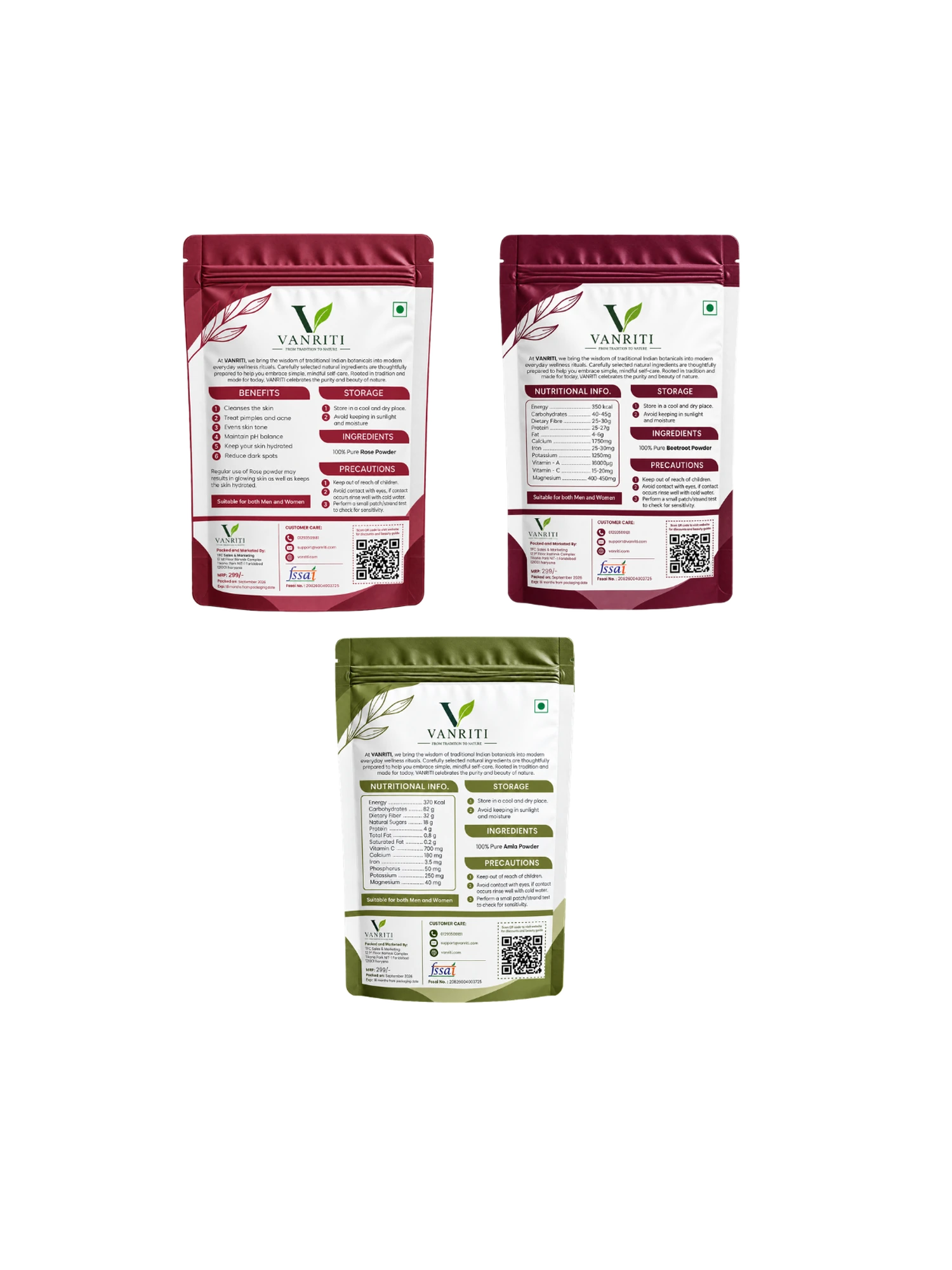 VANRITI Rose, Beetroot and Amla Powder for Face Pack & Skin Care, 300g (Combo Pack of 3)