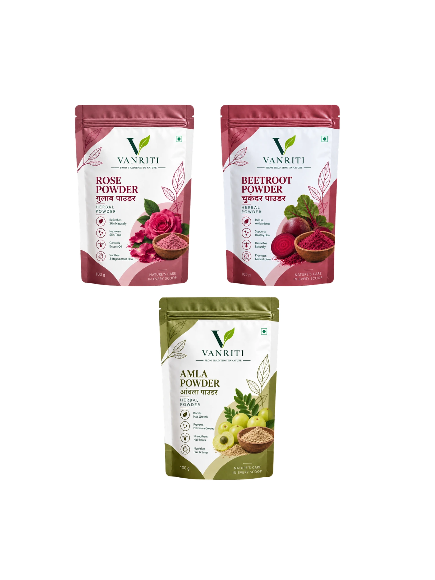 VANRITI Rose, Beetroot and Amla Powder for Face Pack & Skin Care, 300g (Combo Pack of 3)