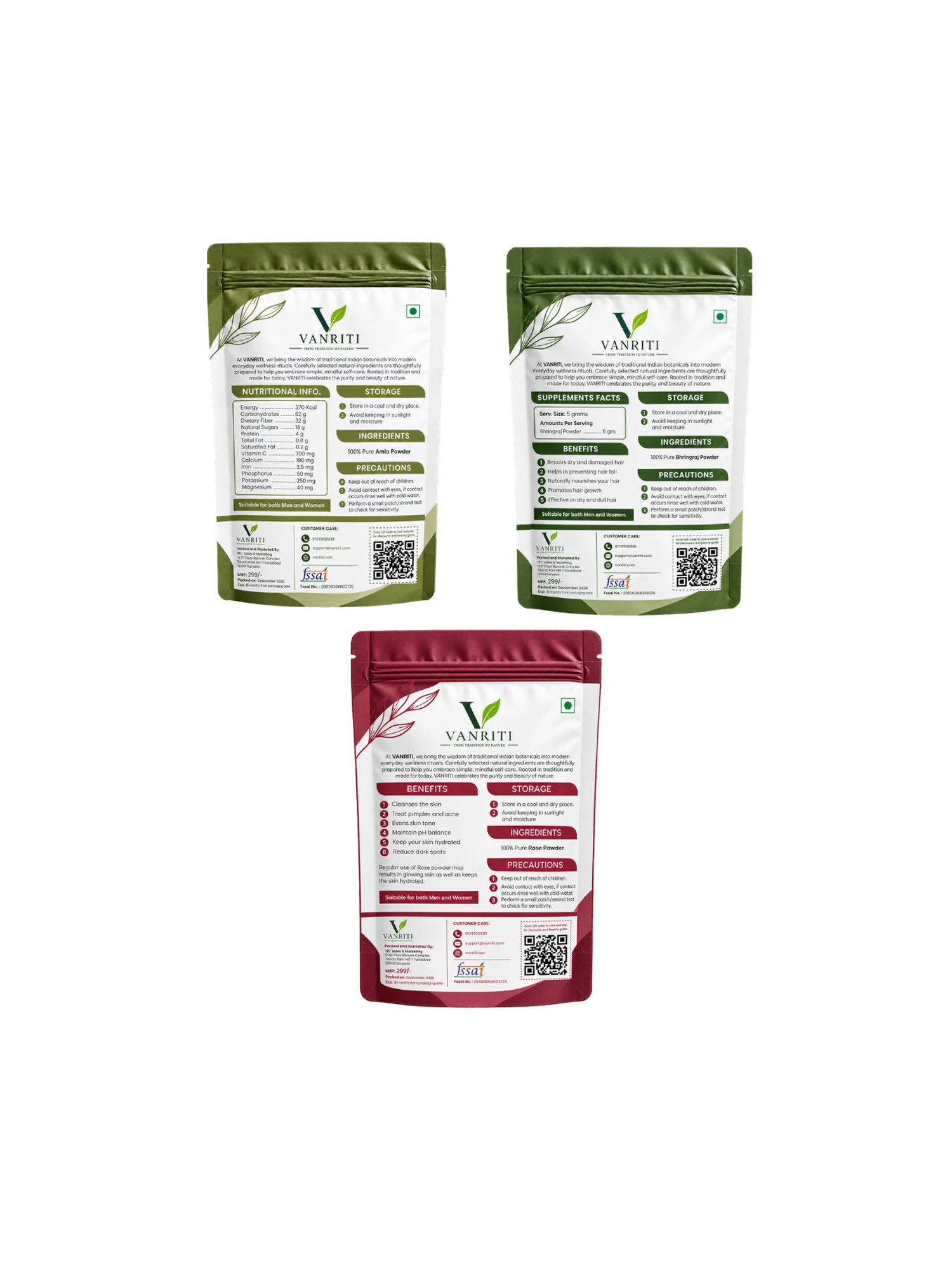 VANRITI Amla, Bhringraj and Rose Powder for Hair & Skin Beauty Ritual, 300g (Combo Pack of 3)