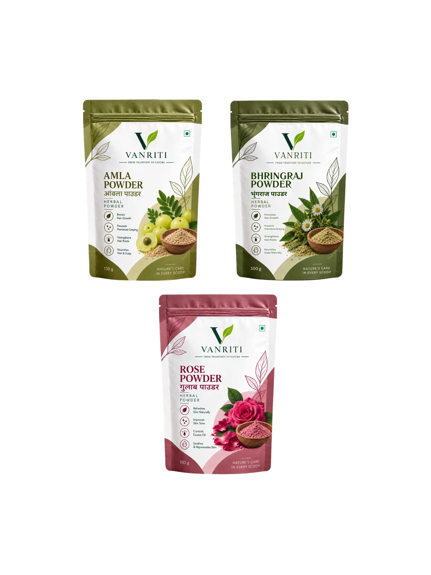 VANRITI Amla, Bhringraj and Rose Powder for Hair & Skin Beauty Ritual, 300g (Combo Pack of 3)