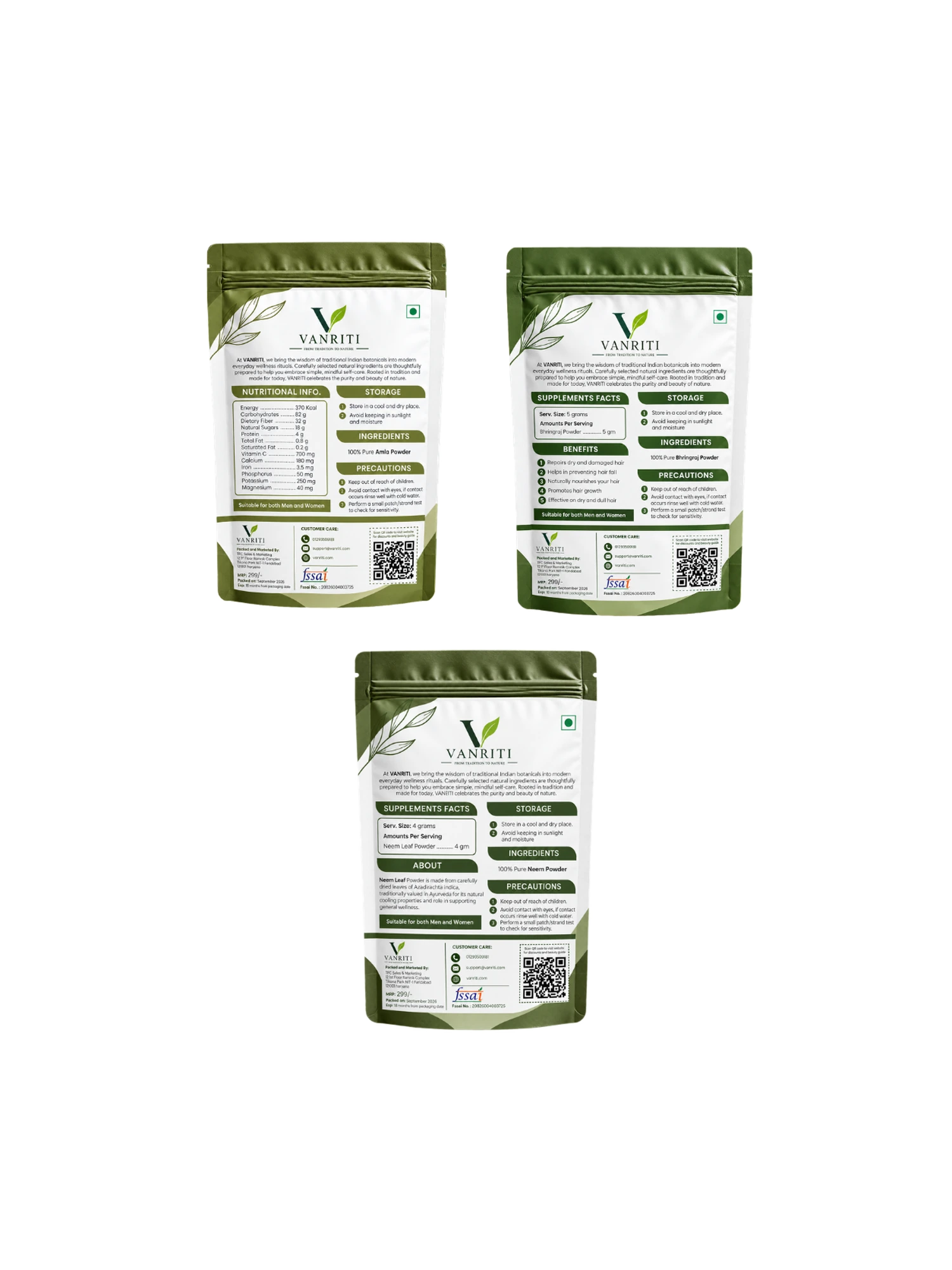 VANRITI Amla, Bhringraj and Neem Powder for Hair & Skin Beauty Ritual, 300g (Combo Pack of 3)