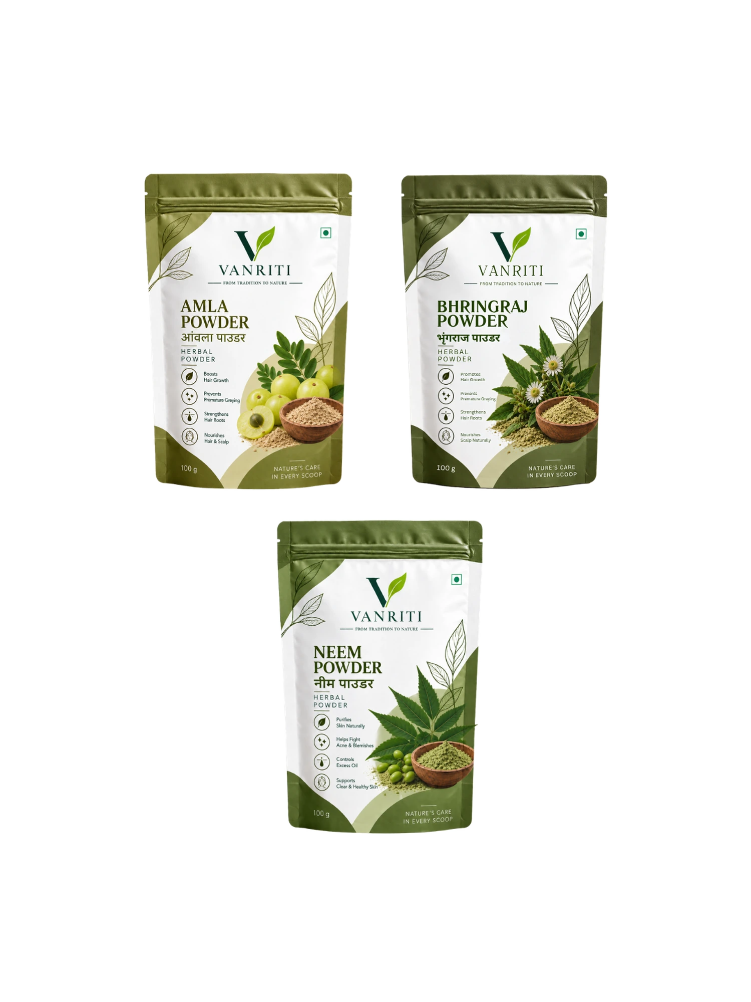 VANRITI Amla, Bhringraj and Neem Powder for Hair & Skin Beauty Ritual, 300g (Combo Pack of 3)