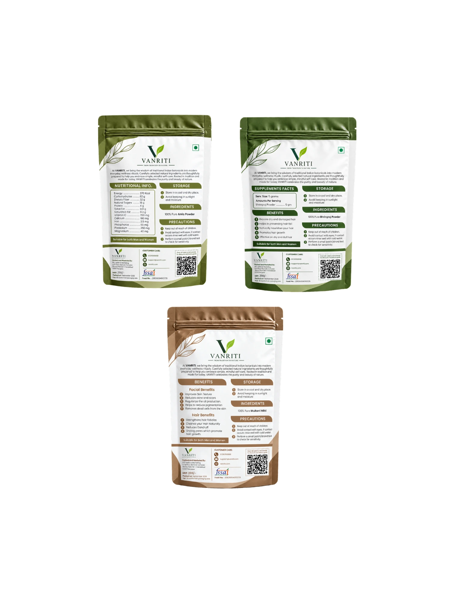 VANRITI Amla, Bhringraj and Multani Mitti Powder for Hair & Skin Beauty Ritual, 300g (Combo Pack of 3)