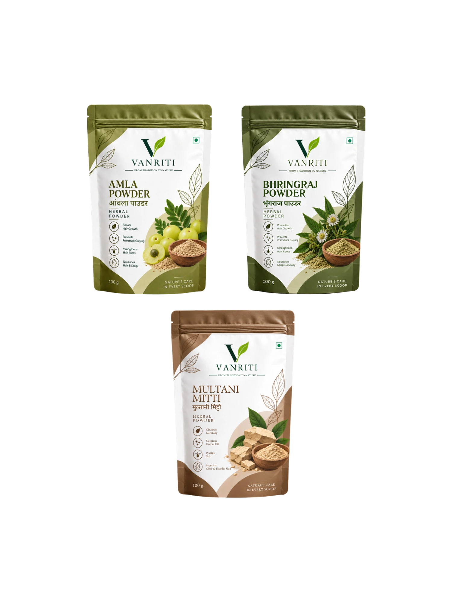 VANRITI Amla, Bhringraj and Multani Mitti Powder for Hair & Skin Beauty Ritual, 300g (Combo Pack of 3)