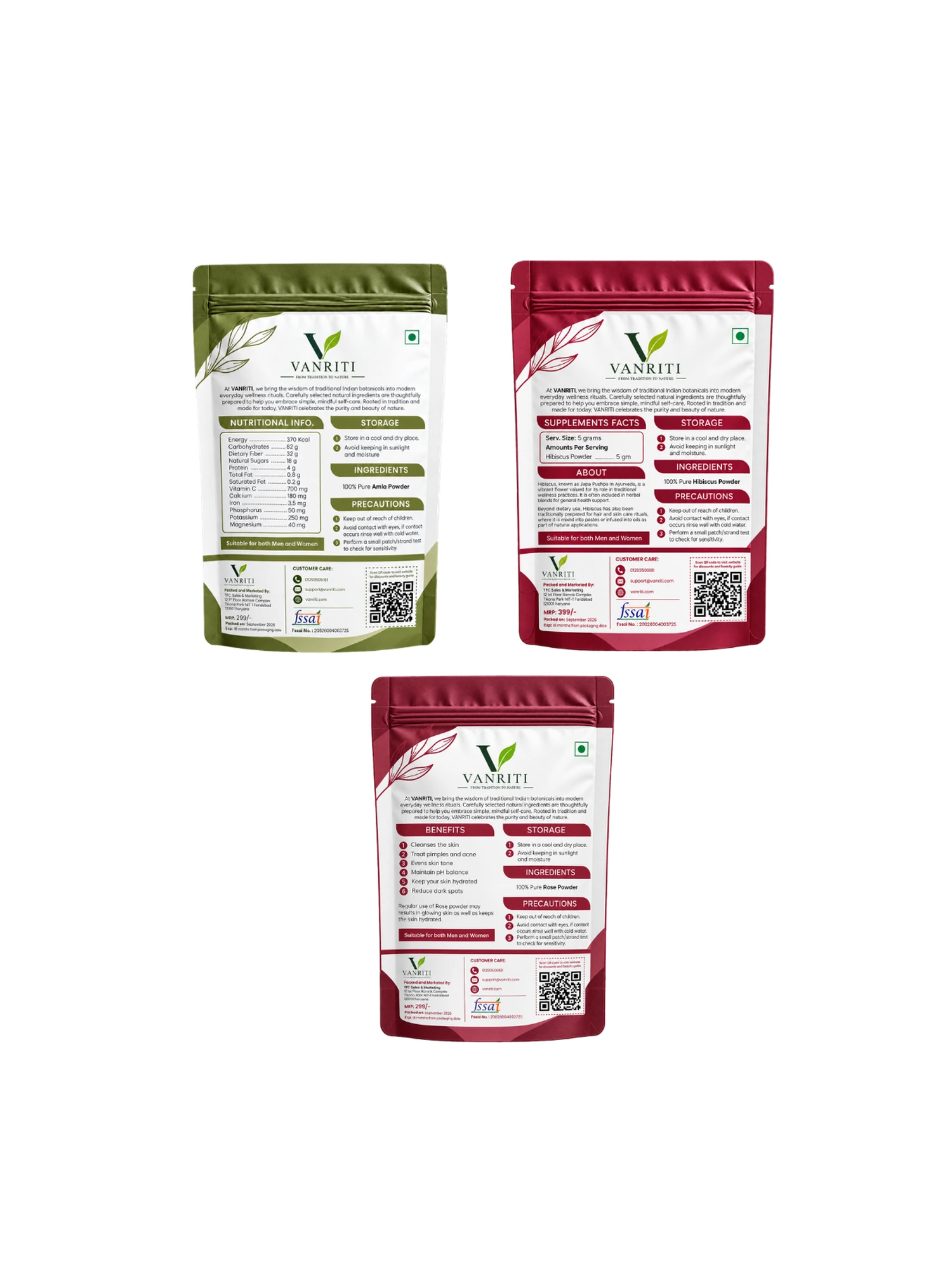 VANRITI Amla, Hibiscus and Rose Powder for Hair & Skin Beauty Ritual, 300g (Combo Pack of 3)