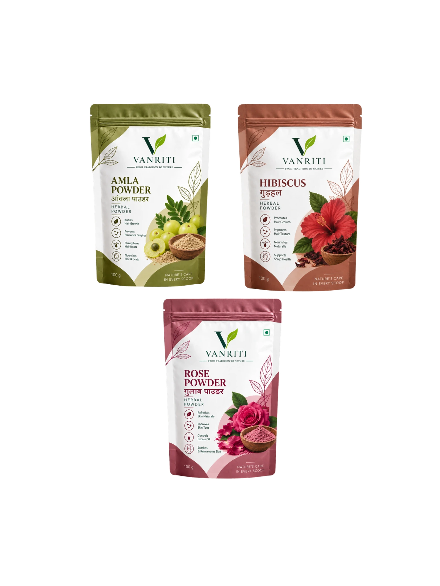 VANRITI Amla, Hibiscus and Rose Powder for Hair & Skin Beauty Ritual, 300g (Combo Pack of 3)