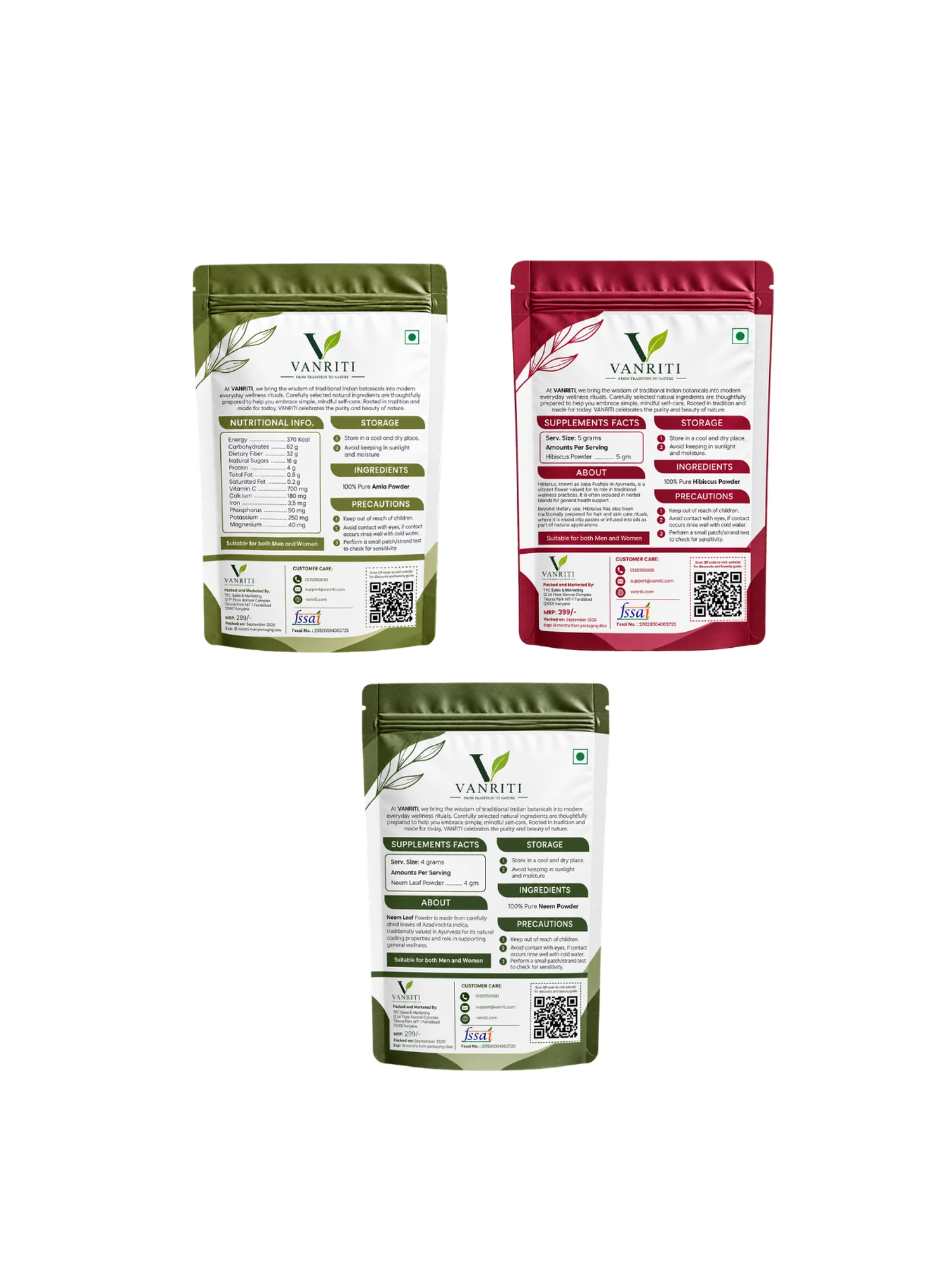 VANRITI Amla, Hibiscus and Neem Powder for Hair & Skin Beauty Ritual, 300g (Combo Pack of 3)