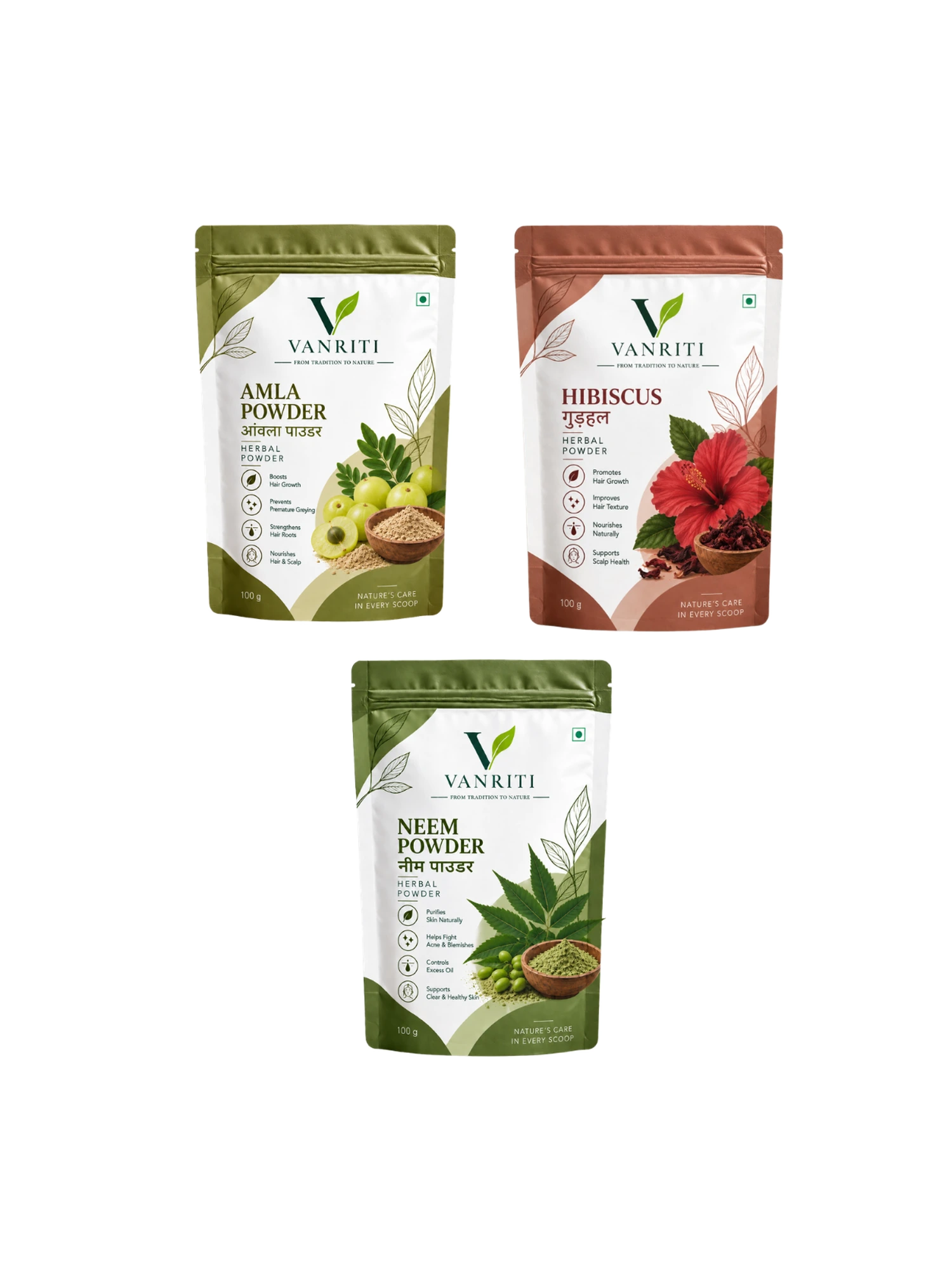 VANRITI Amla, Hibiscus and Neem Powder for Hair & Skin Beauty Ritual, 300g (Combo Pack of 3)