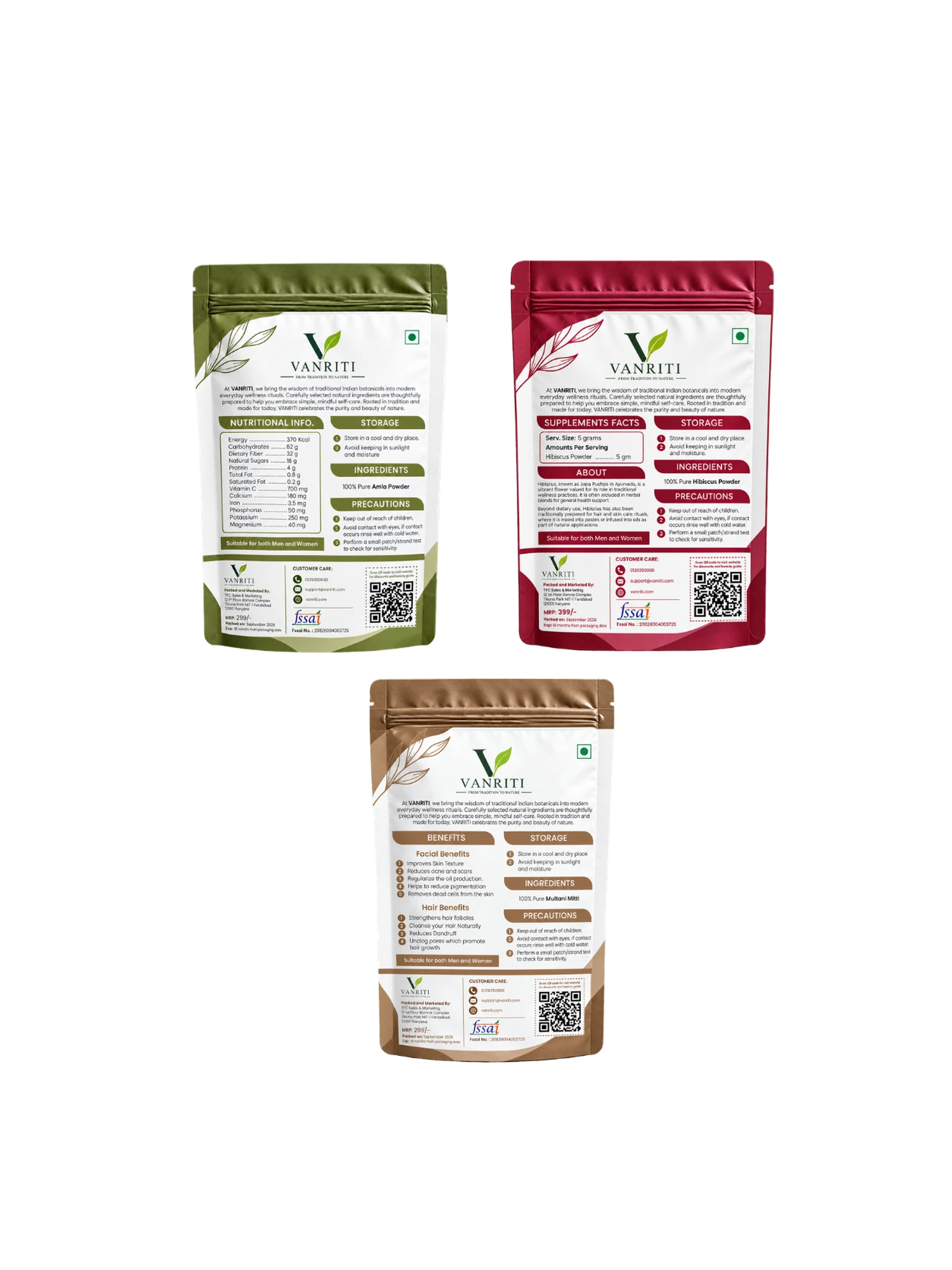 VANRITI Amla, Hibiscus and Multani Mitti Powder for Hair & Skin Beauty Ritual, 300g (Combo Pack of 3)