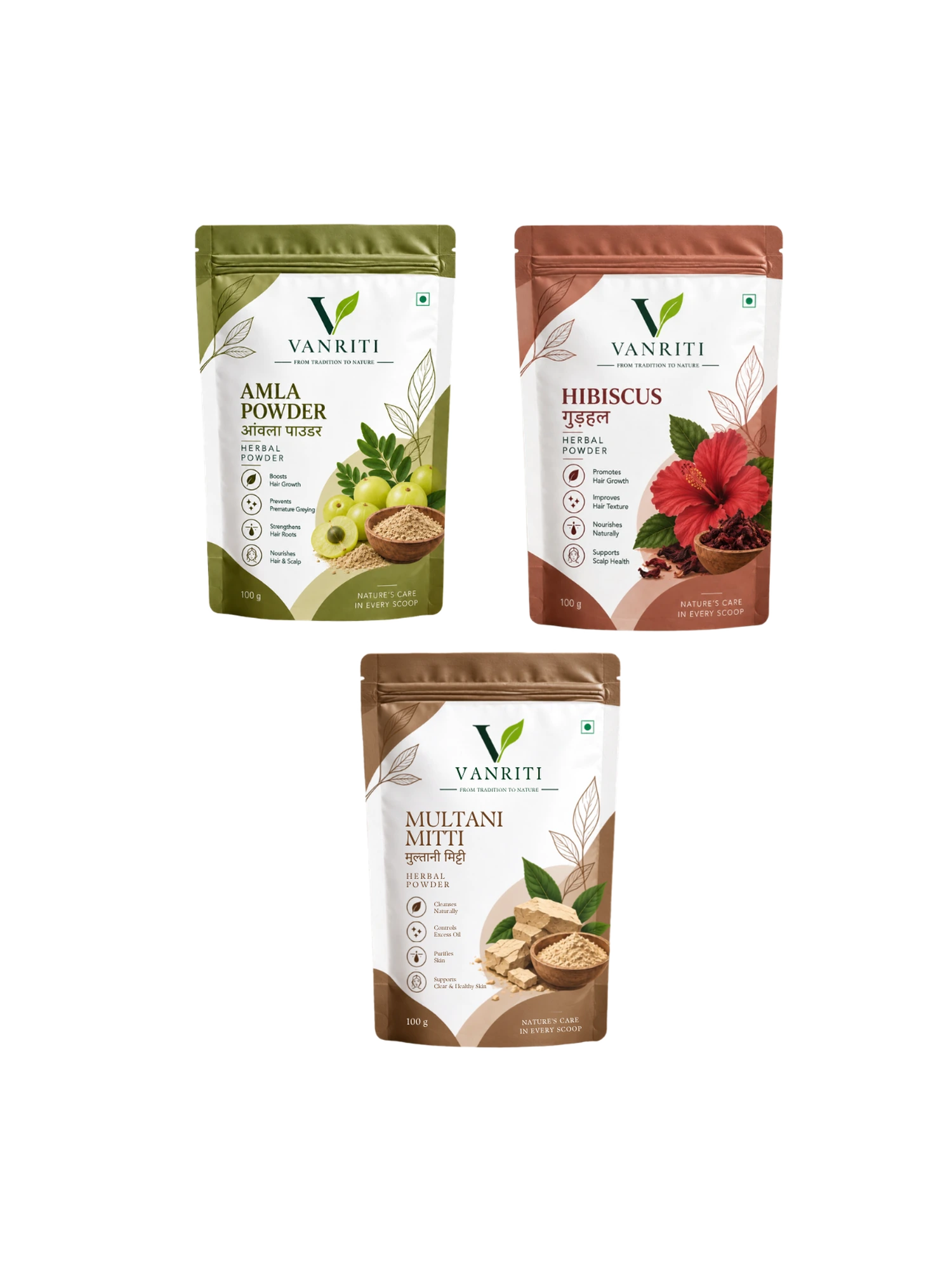 VANRITI Amla, Hibiscus and Multani Mitti Powder for Hair & Skin Beauty Ritual, 300g (Combo Pack of 3)