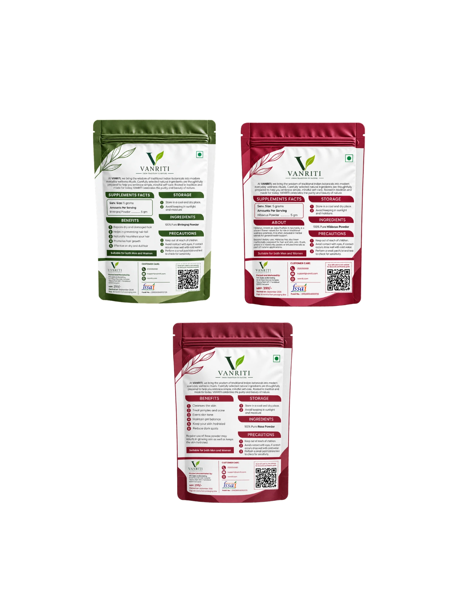 VANRITI Bhringraj, Hibiscus and Rose Powder for Hair & Skin Beauty Ritual, 300g (Combo Pack of 3)