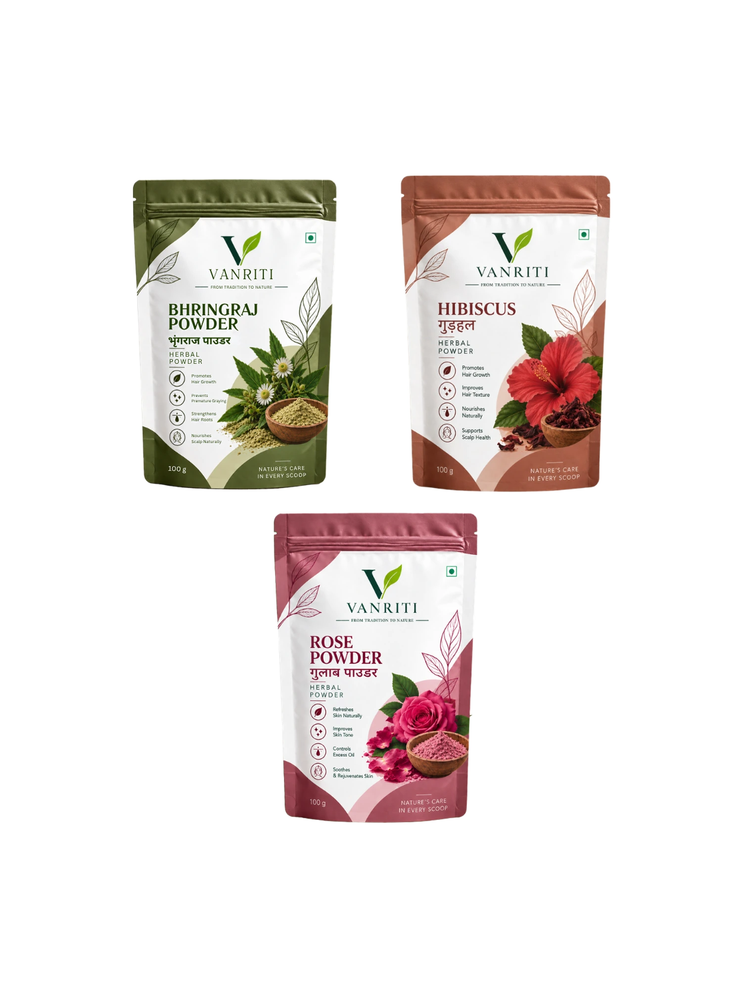 VANRITI Bhringraj, Hibiscus and Rose Powder for Hair & Skin Beauty Ritual, 300g (Combo Pack of 3)