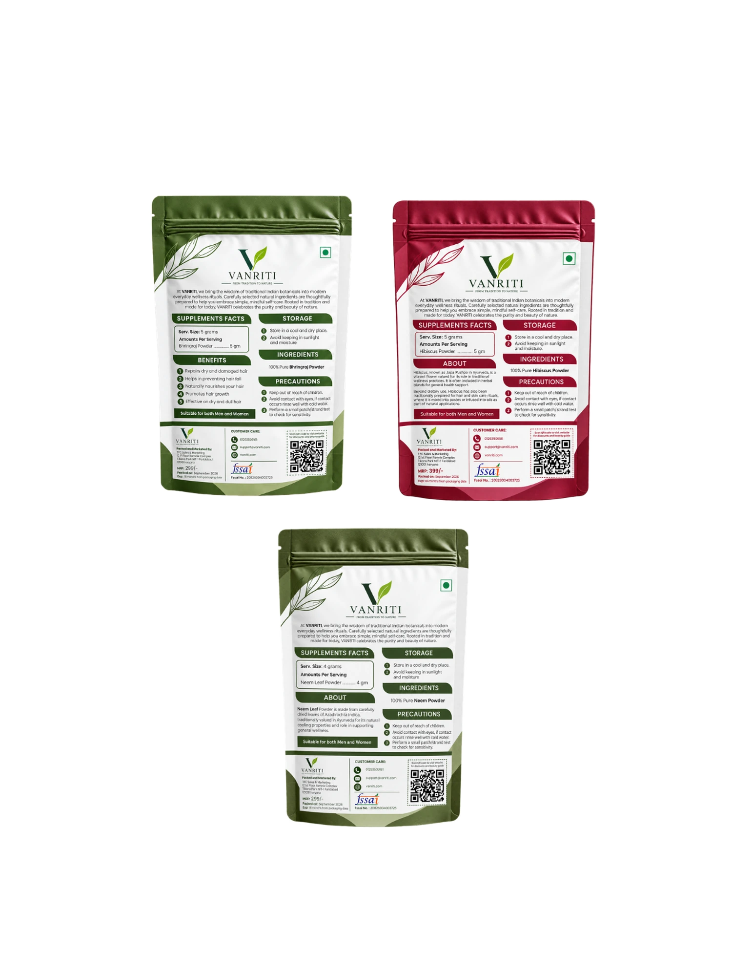 VANRITI Bhringraj, Hibiscus and Neem Powder for Hair & Skin Beauty Ritual, 300g (Combo Pack of 3)
