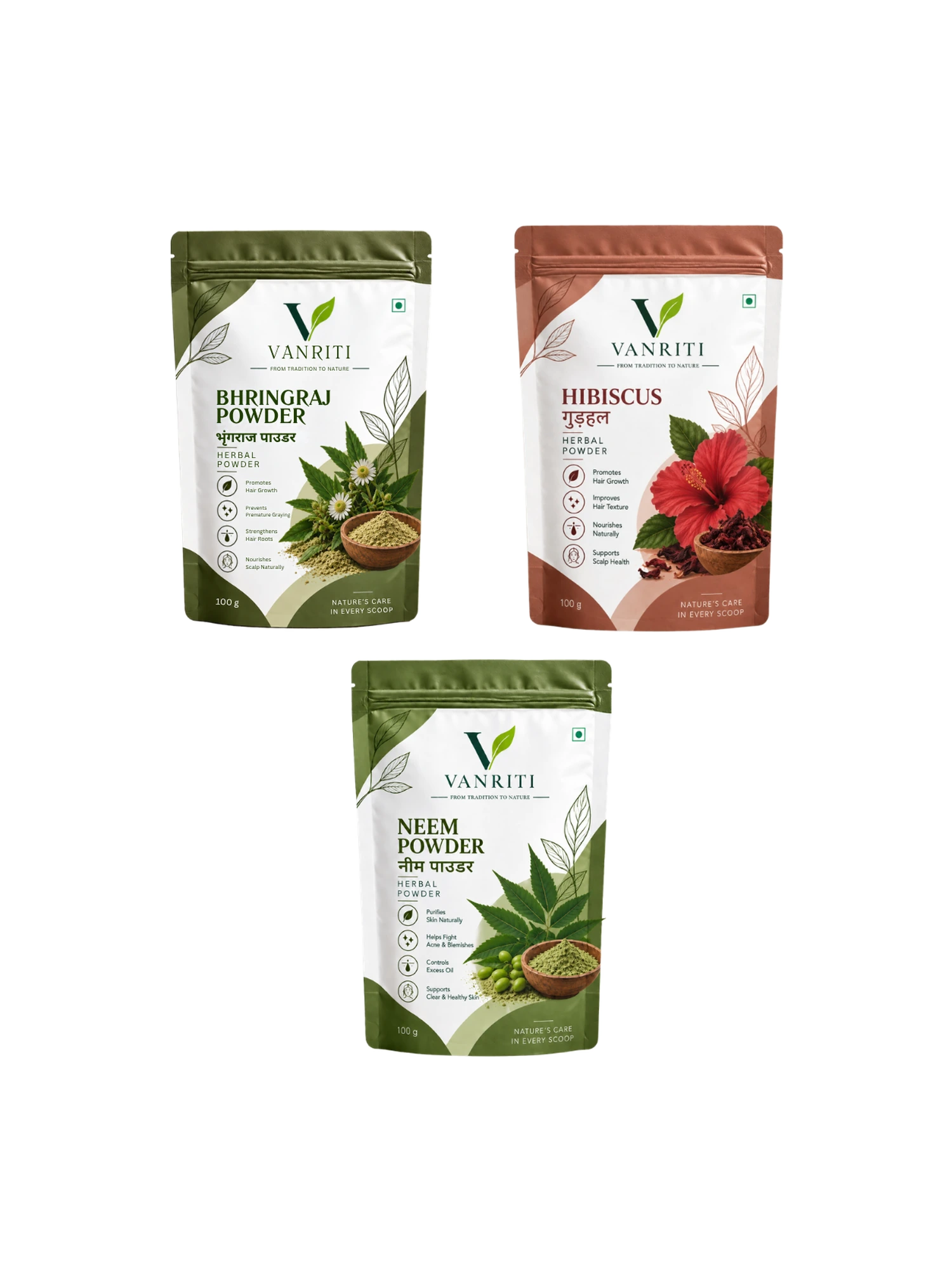 VANRITI Bhringraj, Hibiscus and Neem Powder for Hair & Skin Beauty Ritual, 300g (Combo Pack of 3)