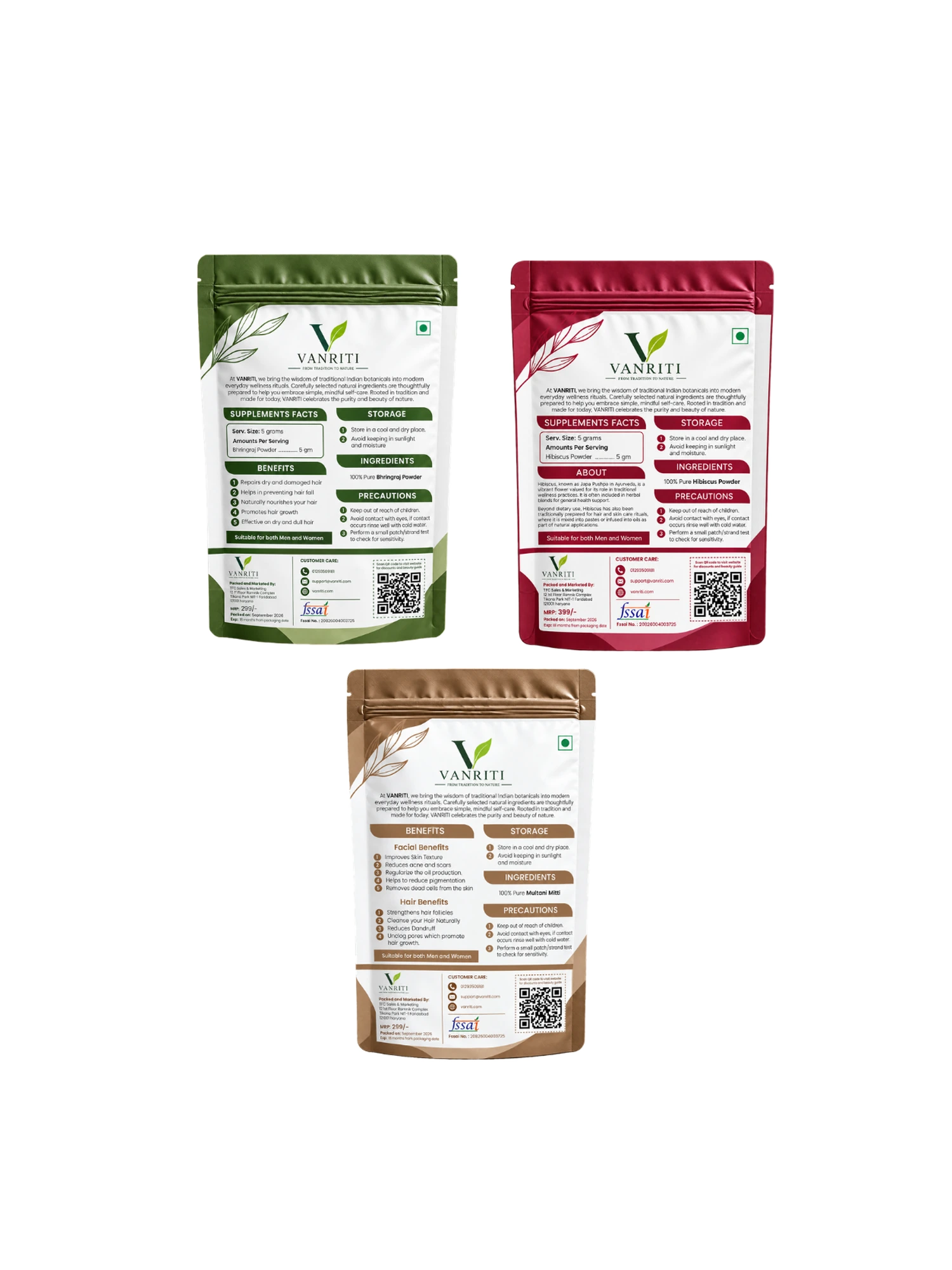 VANRITI Bhringraj, Hibiscus and Multani Mitti Powder for Hair & Skin Beauty Ritual, 300g (Combo Pack of 3)